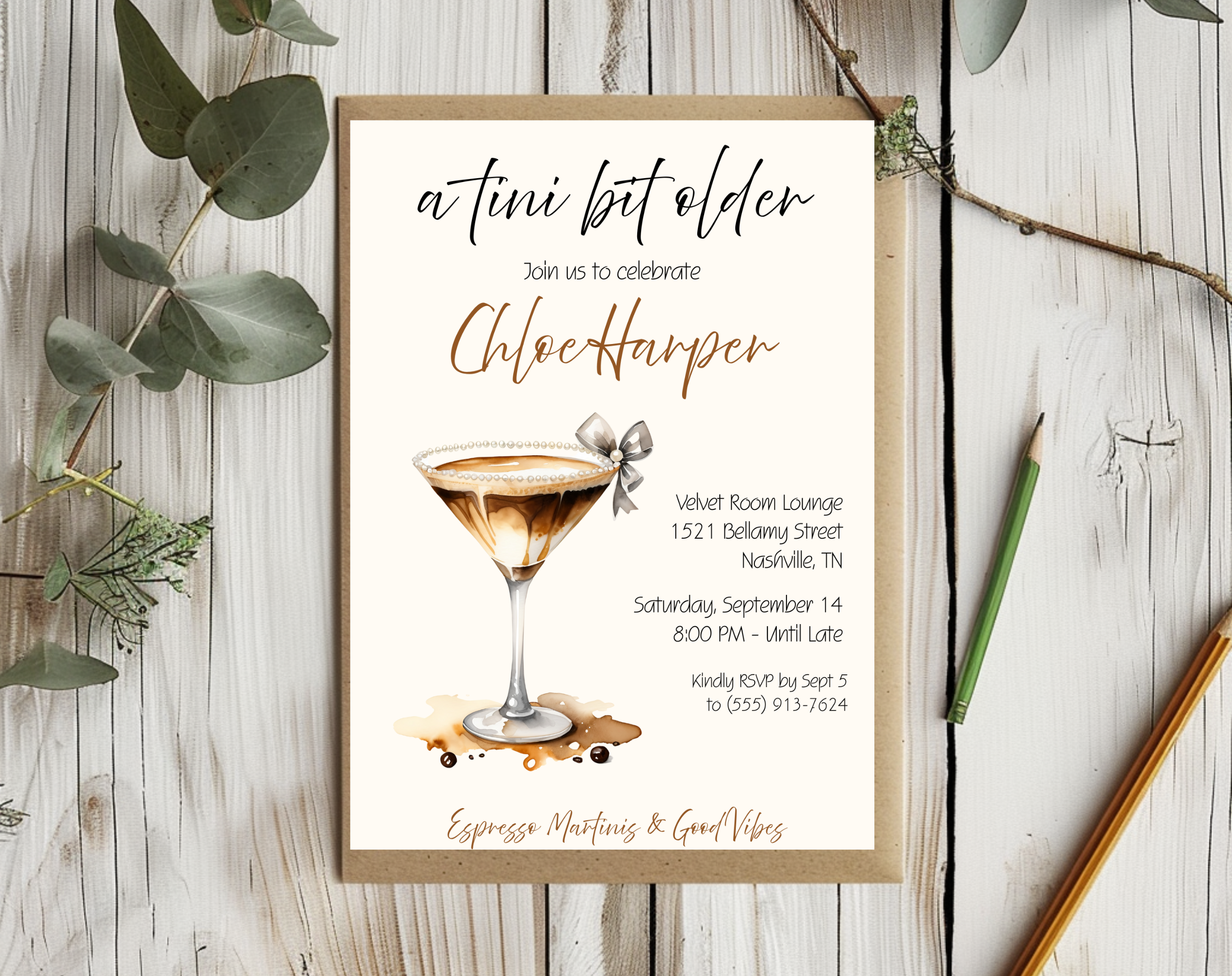 A Tini Bit Older Birthday Invitation | Espresso Martini Cocktail Party | Women’s Birthday Invite Drink Bow EDITABLE template in Canva