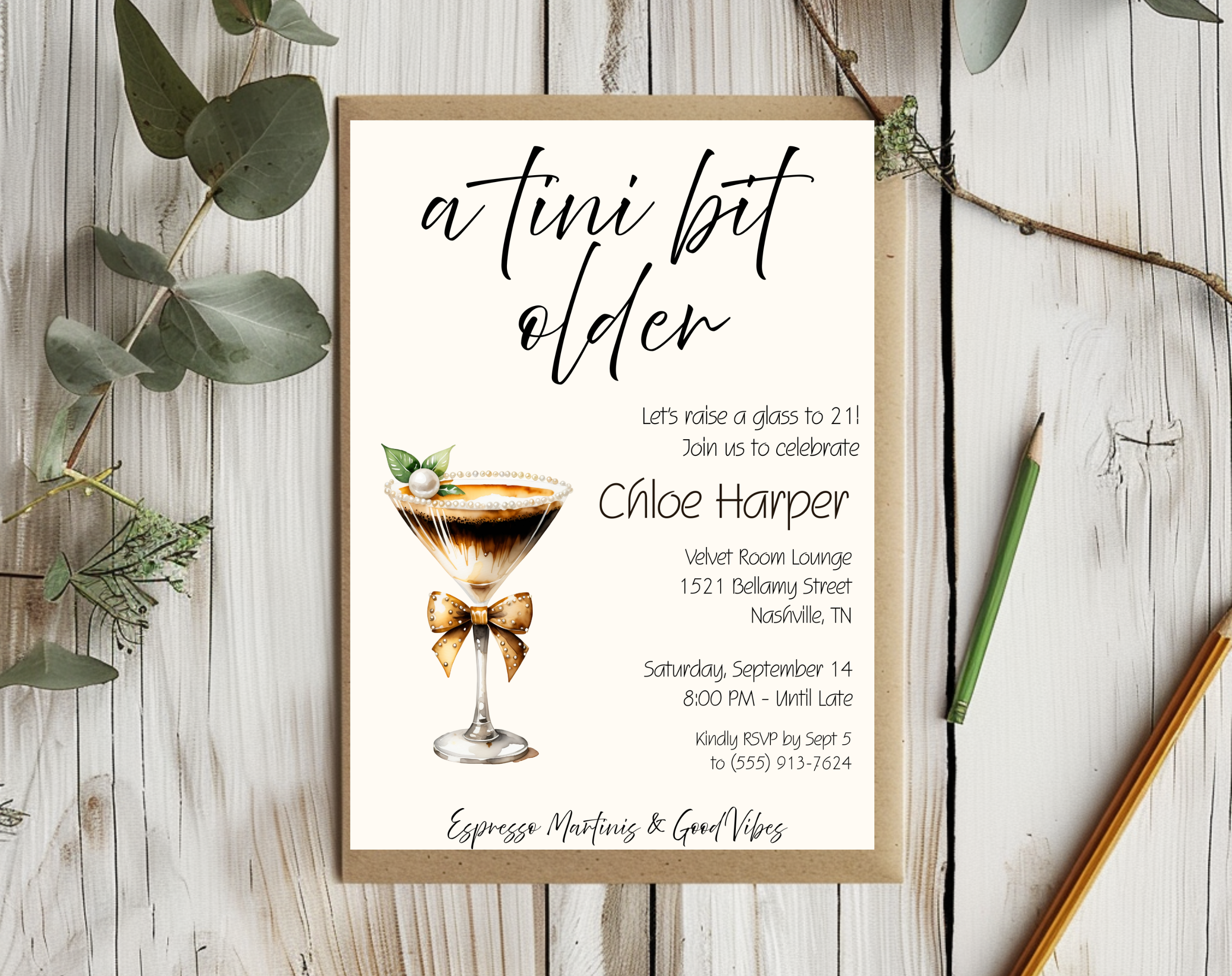 A Tini Bit Older 21st Birthday Invite | Espresso Martini Cocktail Party | Women’s Birthday Invite Drink Bow EDITABLE template in Canva