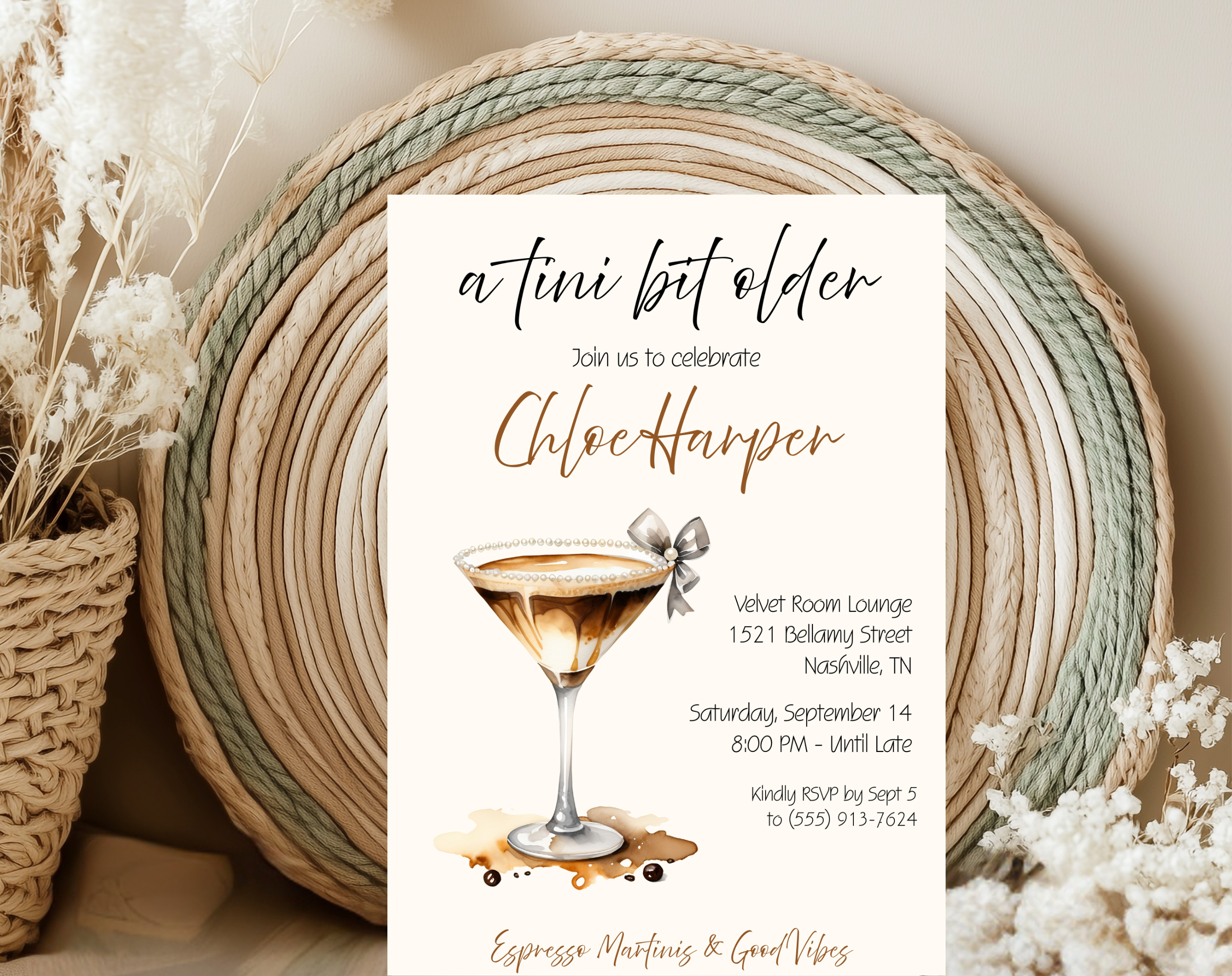 A Tini Bit Older Birthday Invitation | Espresso Martini Cocktail Party | Women’s Birthday Invite Drink Bow EDITABLE template in Canva