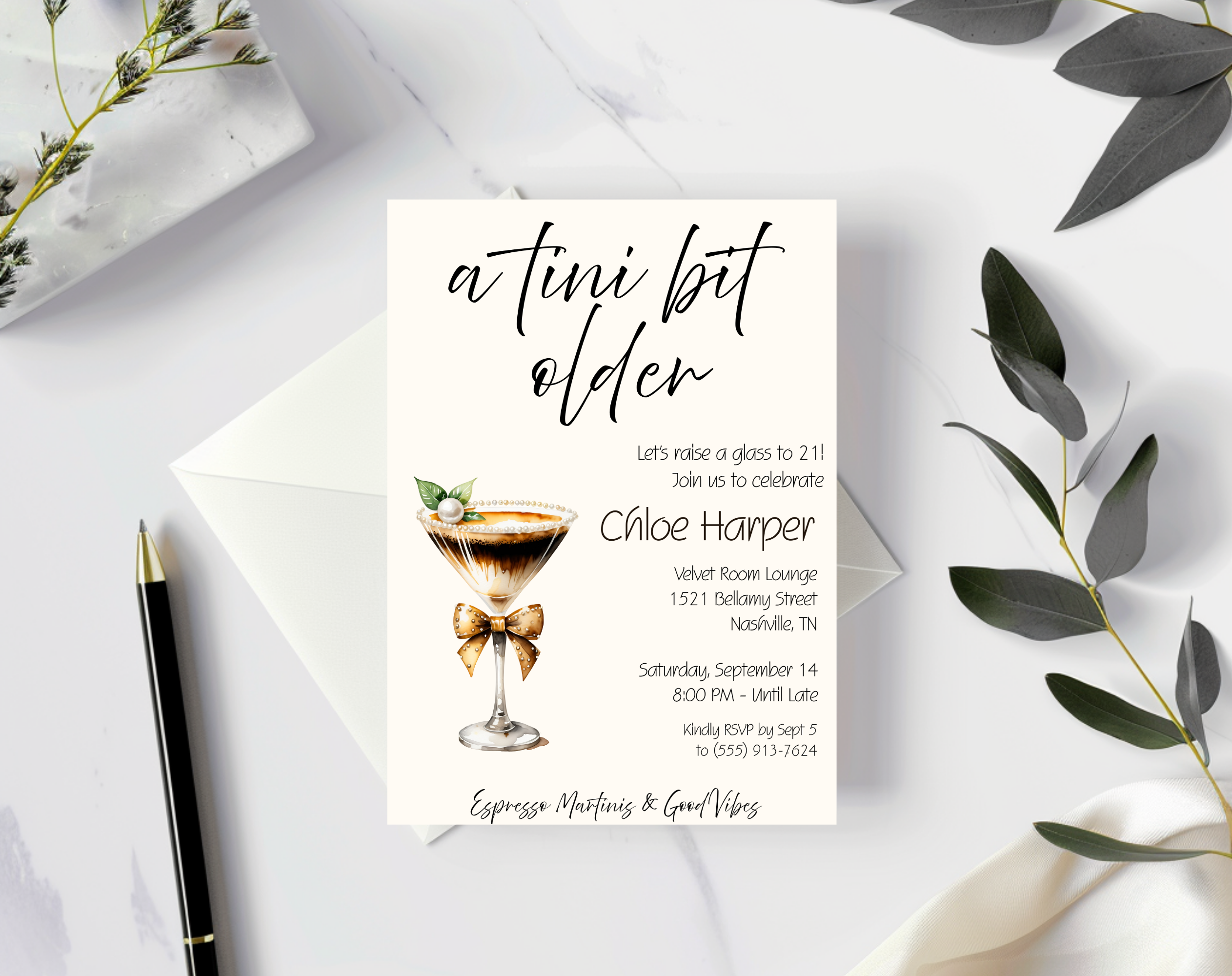 A Tini Bit Older 21st Birthday Invite | Espresso Martini Cocktail Party | Women’s Birthday Invite Drink Bow EDITABLE template in Canva