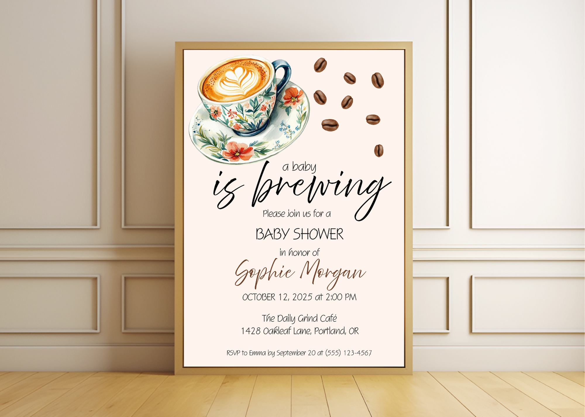 A Baby Is Brewing Invite | Coffee Baby Shower Invitation | Canva Template | Printable 5x7 | Editable Digital Download for Baby Girl or Boy