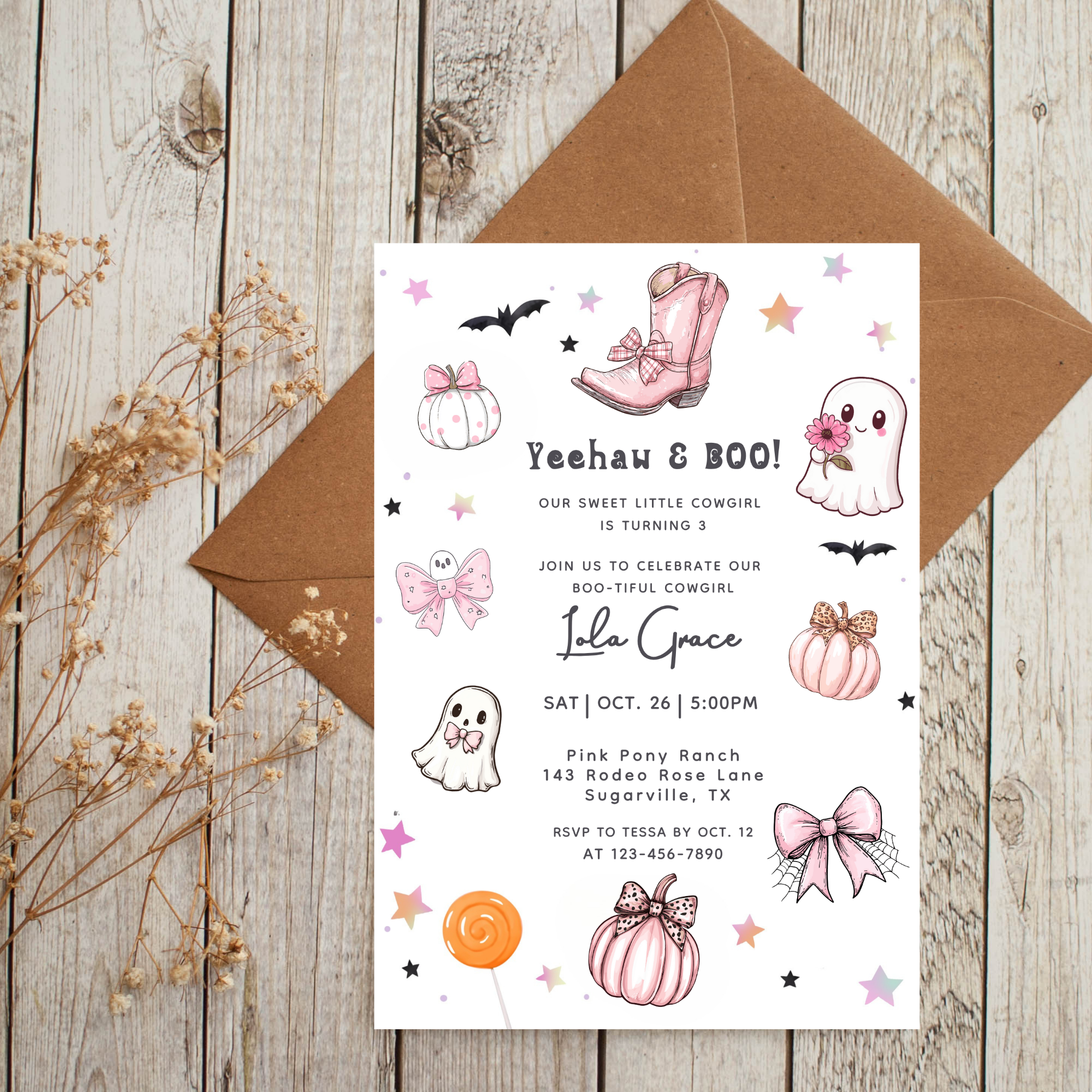 Our Little Boo Girly Coquette Halloween Invitation Pink Ghosts Bows Cowboy Boots Invite Editable Canva Template Printable Digital Download