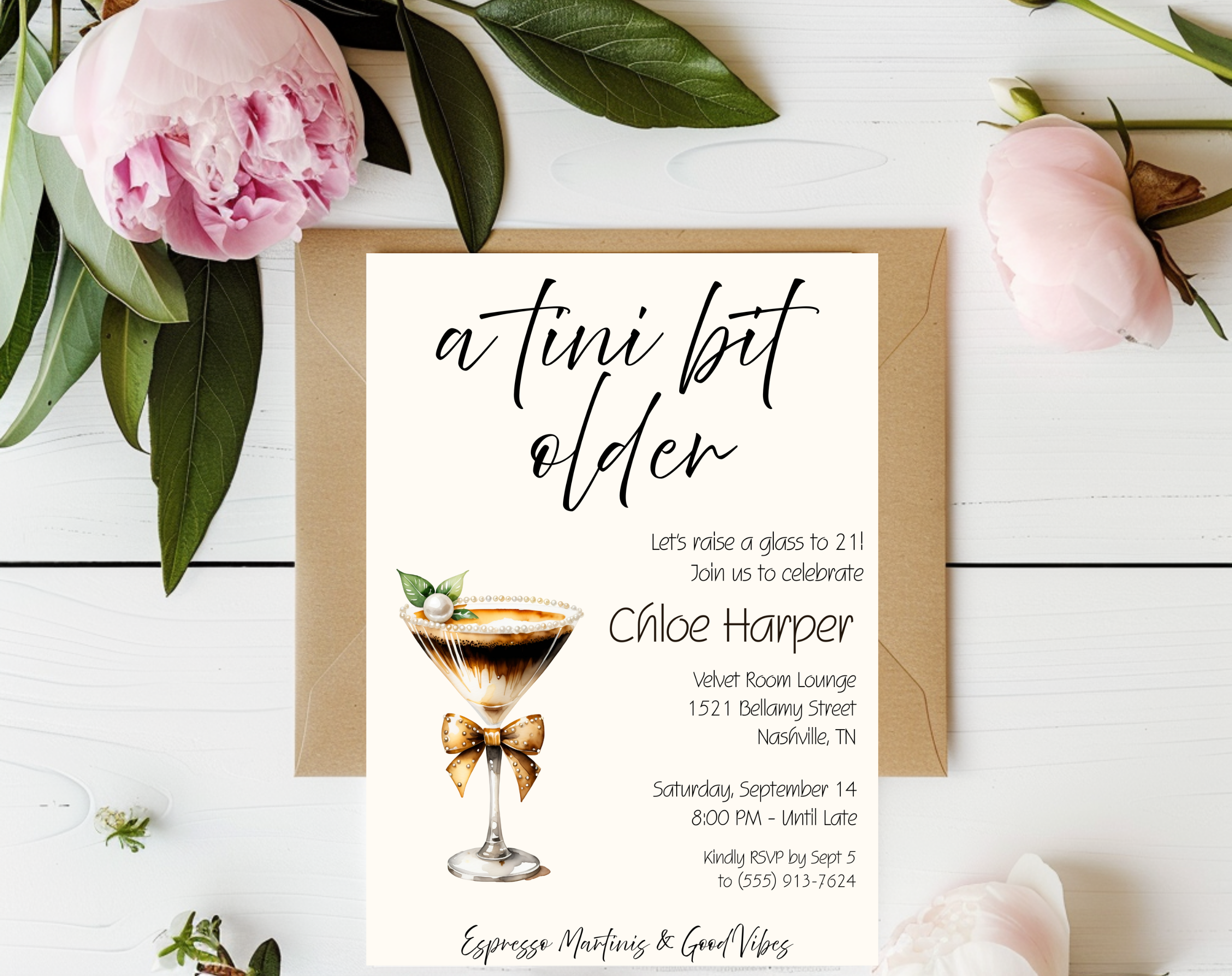 A Tini Bit Older 21st Birthday Invite | Espresso Martini Cocktail Party | Women’s Birthday Invite Drink Bow EDITABLE template in Canva