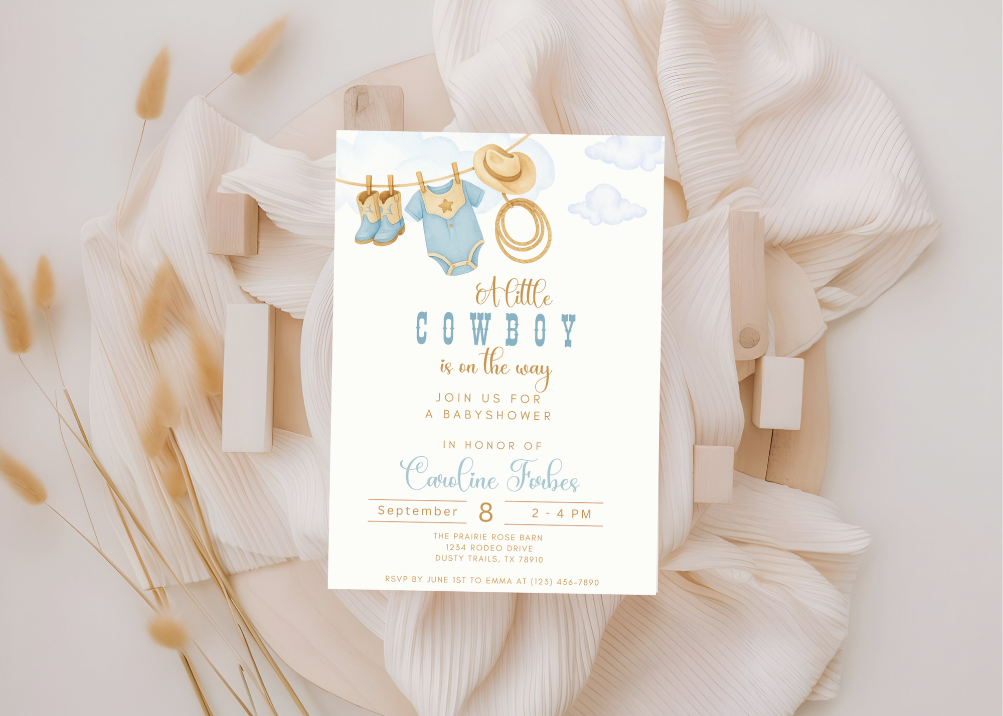 A Little Cowboy is on the Way Invitation | Editable Western Baby Shower Template | Rustic Rodeo Theme | Printable Digital Download