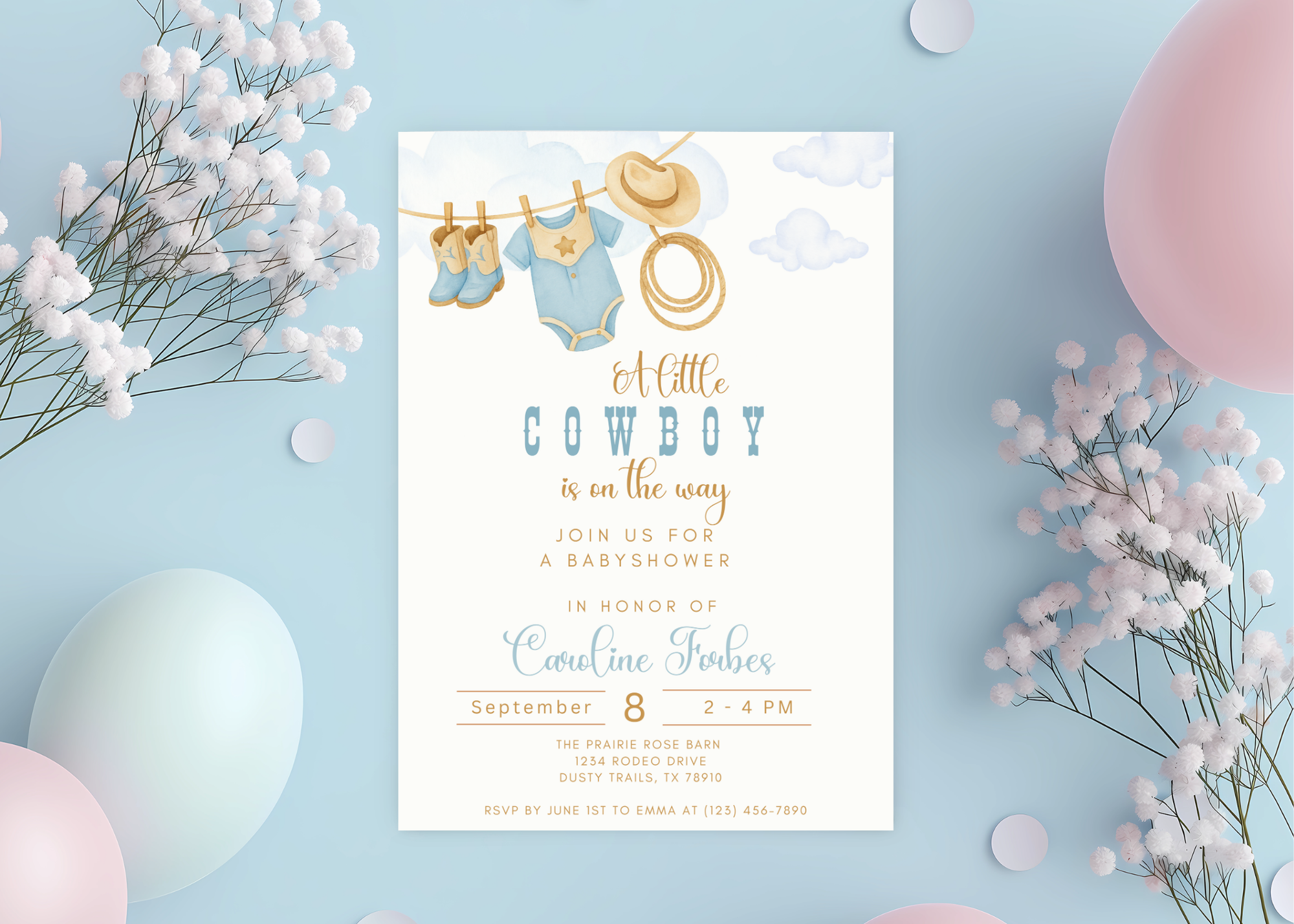 A Little Cowboy is on the Way Invitation | Editable Western Baby Shower Template | Rustic Rodeo Theme | Printable Digital Download