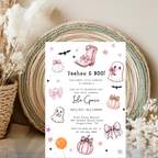 Our Little Boo Girly Coquette Halloween Invitation Pink Ghosts Bows Cowboy Boots Invite Editable Canva Template Printable Digital Download