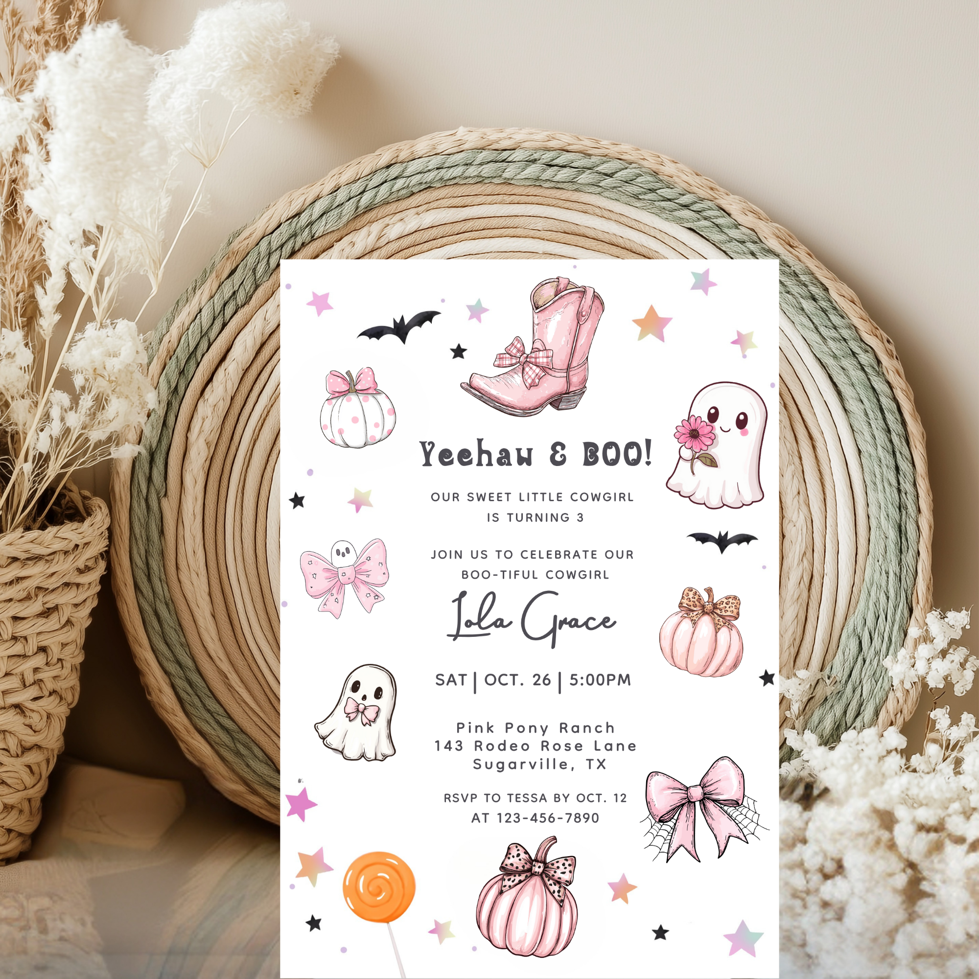 Our Little Boo Girly Coquette Halloween Invitation Pink Ghosts Bows Cowboy Boots Invite Editable Canva Template Printable Digital Download
