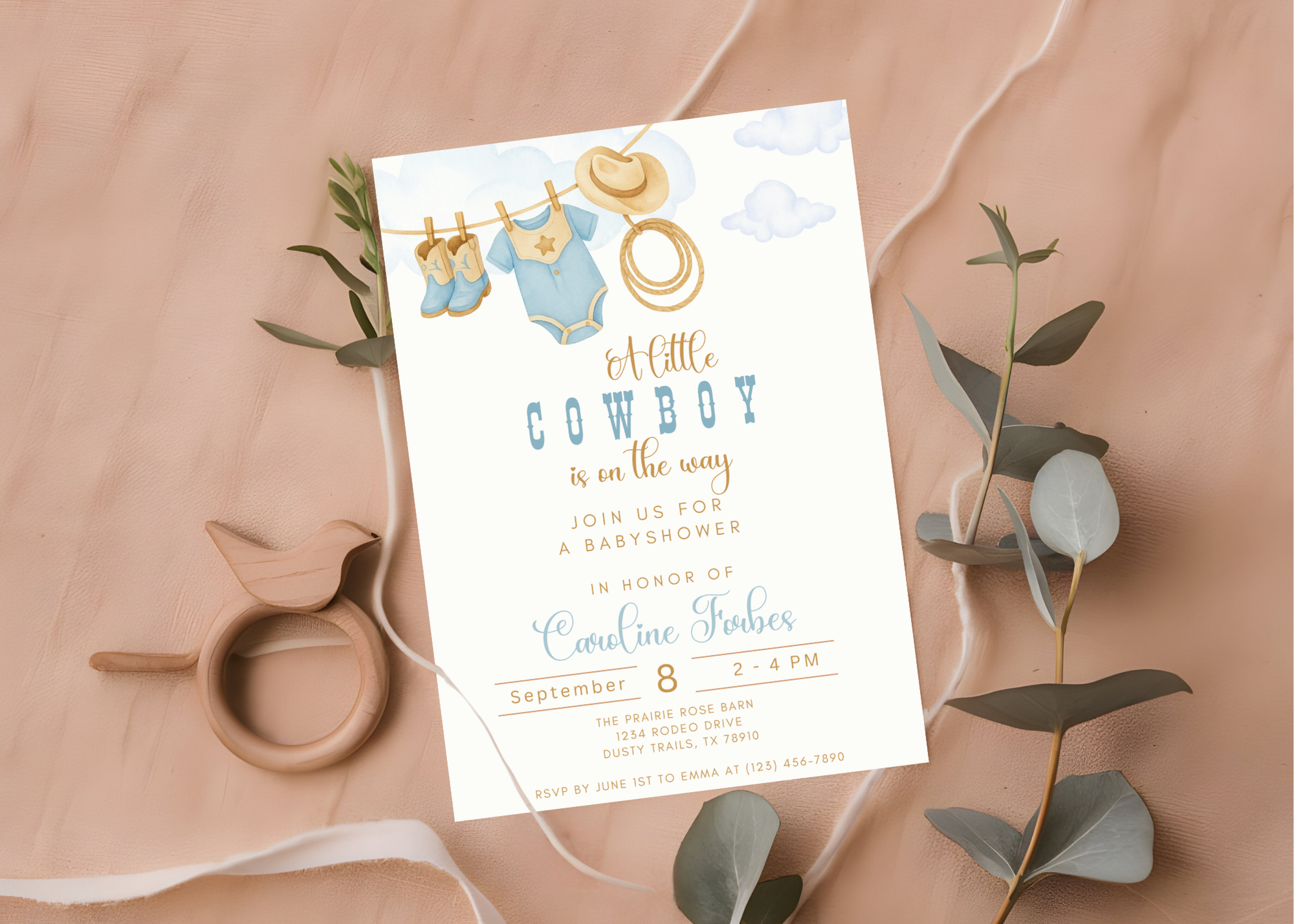 A Little Cowboy is on the Way Invitation | Editable Western Baby Shower Template | Rustic Rodeo Theme | Printable Digital Download