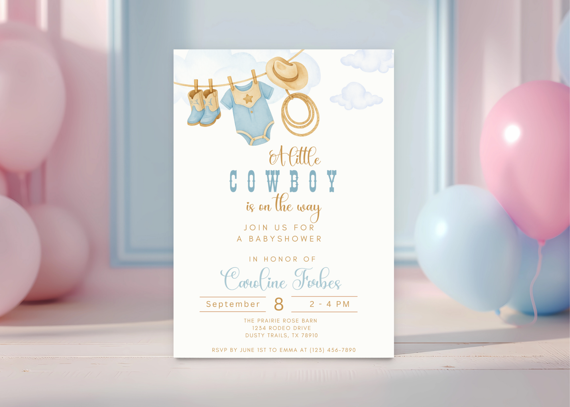 A Little Cowboy is on the Way Invitation | Editable Western Baby Shower Template | Rustic Rodeo Theme | Printable Digital Download