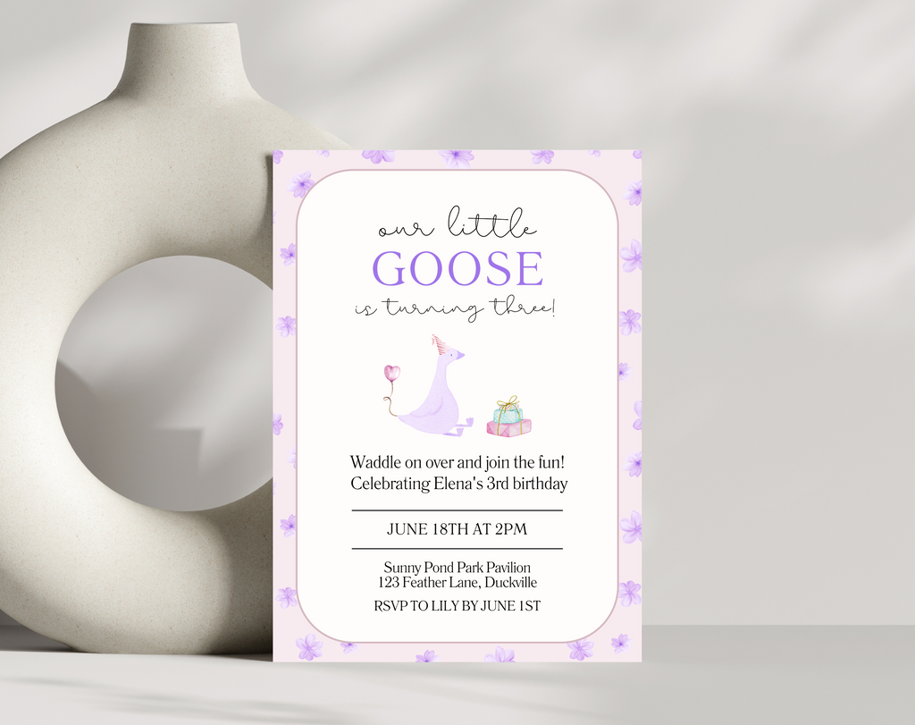 Our Little Goose is Turning 3 Invitation | Editable Purple Pastel Birthday Invite | Canva Template | Printable Digital Download | Farm Party