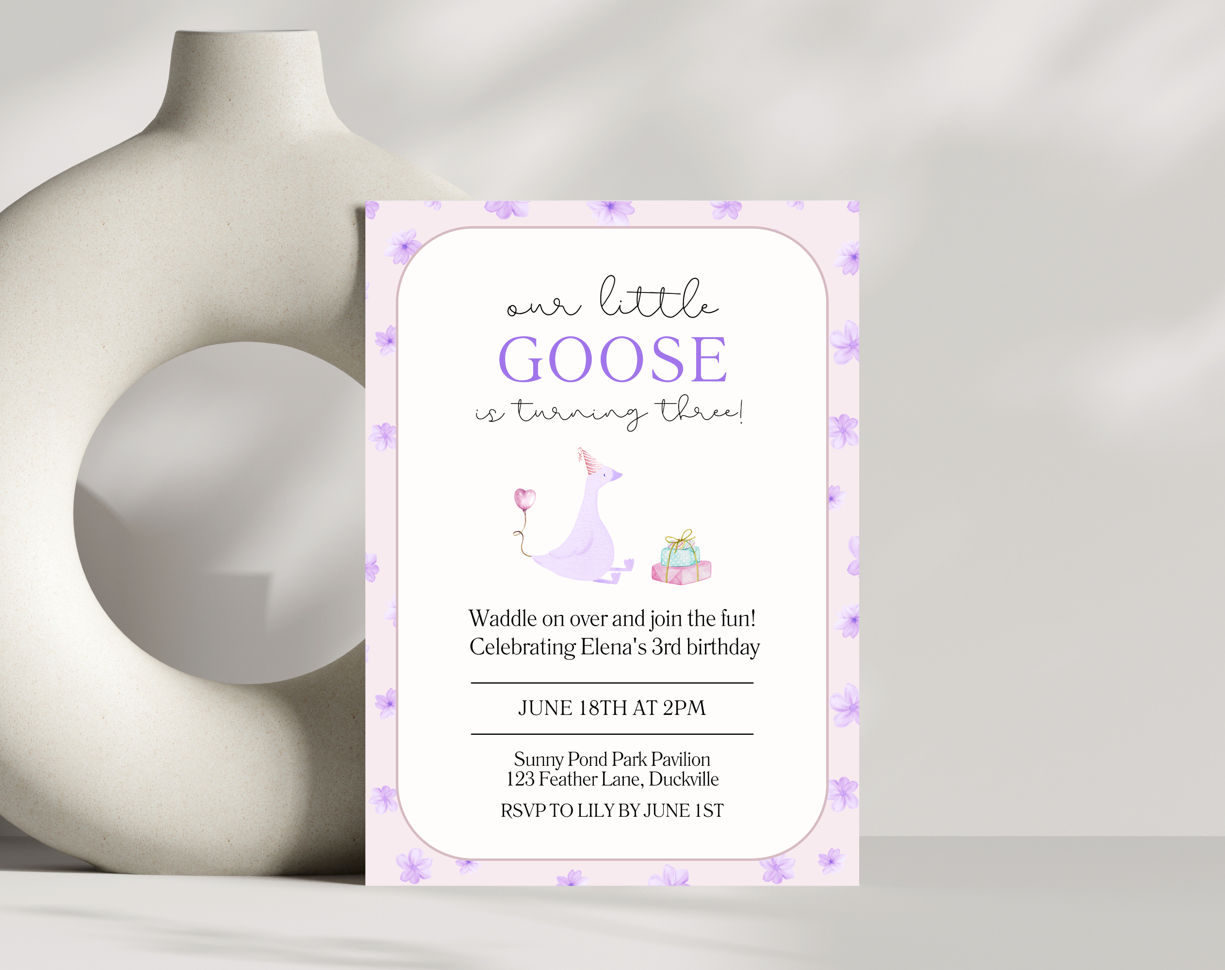 Our Little Goose is Turning 3 Invitation | Editable Purple Pastel Birthday Invite | Canva Template | Printable Digital Download | Farm Party