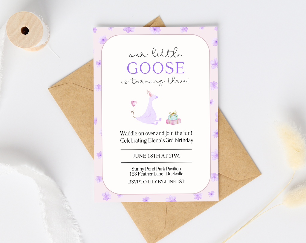 Our Little Goose is Turning 3 Invitation | Editable Purple Pastel Birthday Invite | Canva Template | Printable Digital Download | Farm Party