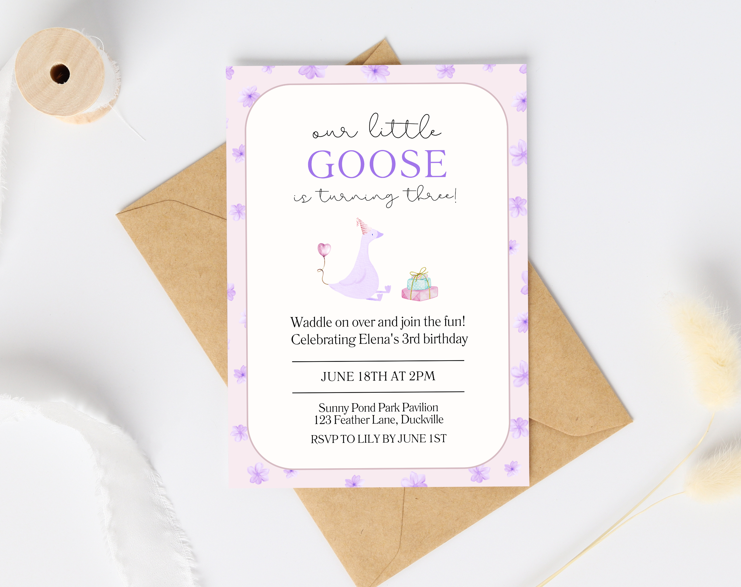 Our Little Goose is Turning 3 Invitation | Editable Purple Pastel Birthday Invite | Canva Template | Printable Digital Download | Farm Party