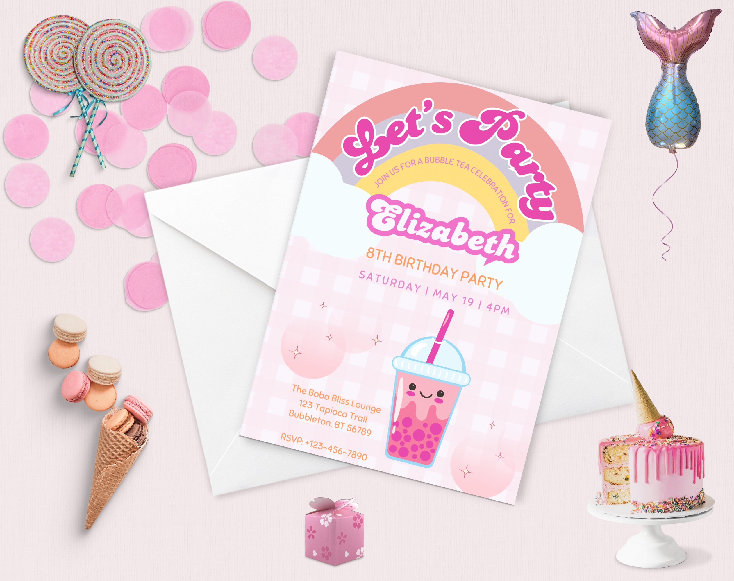Bubble Tea Birthday Invitation | Let's Par-Tea Boba Invite | Editable Canva Template | Kawaii Girl Party | Instant Download
