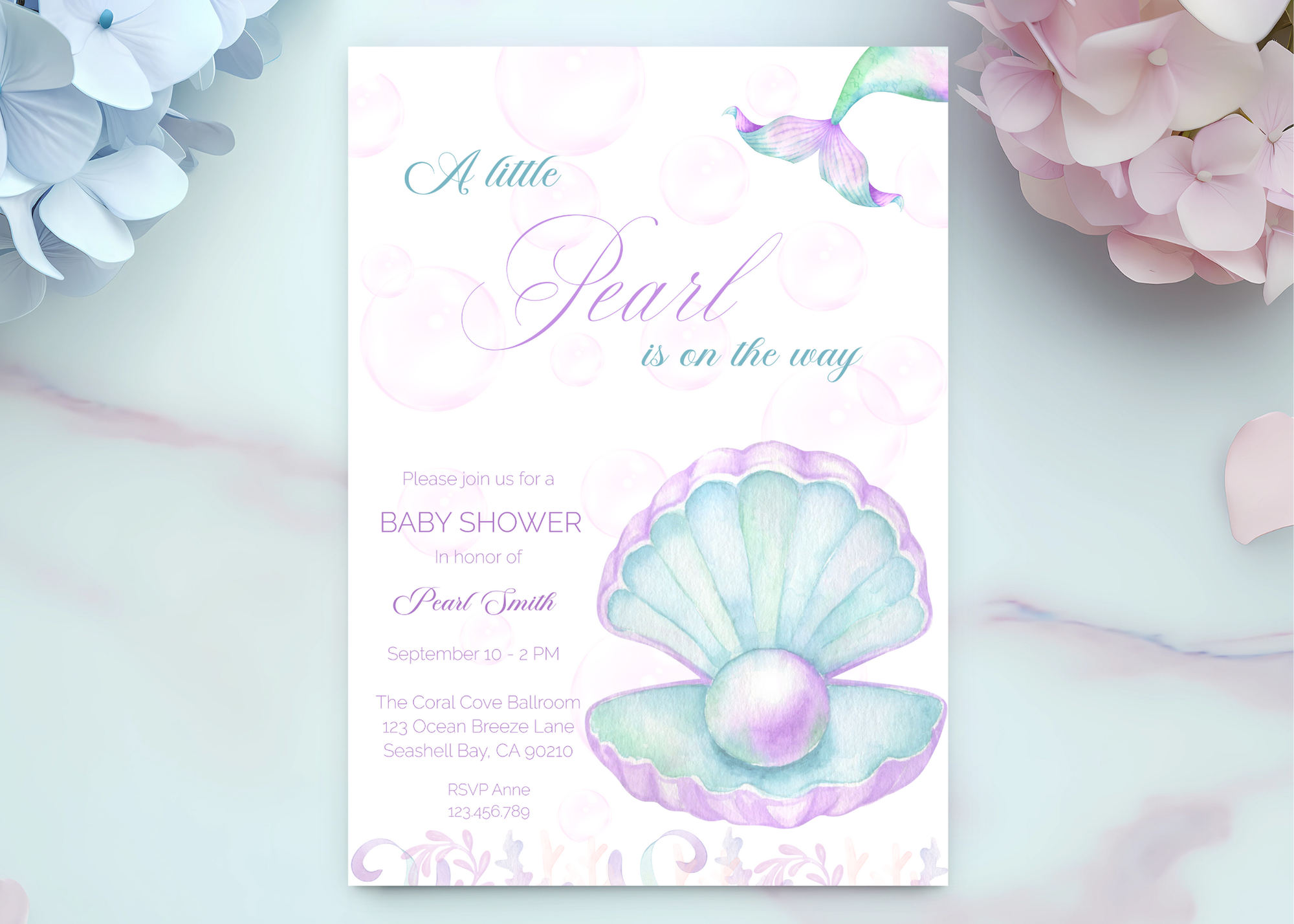 A Little Pearl Baby Shower Invite | Editable Pink Mermaid Baby Shower Invitation Canva Template | Purple Ocean Summer Baby Shower Invitation