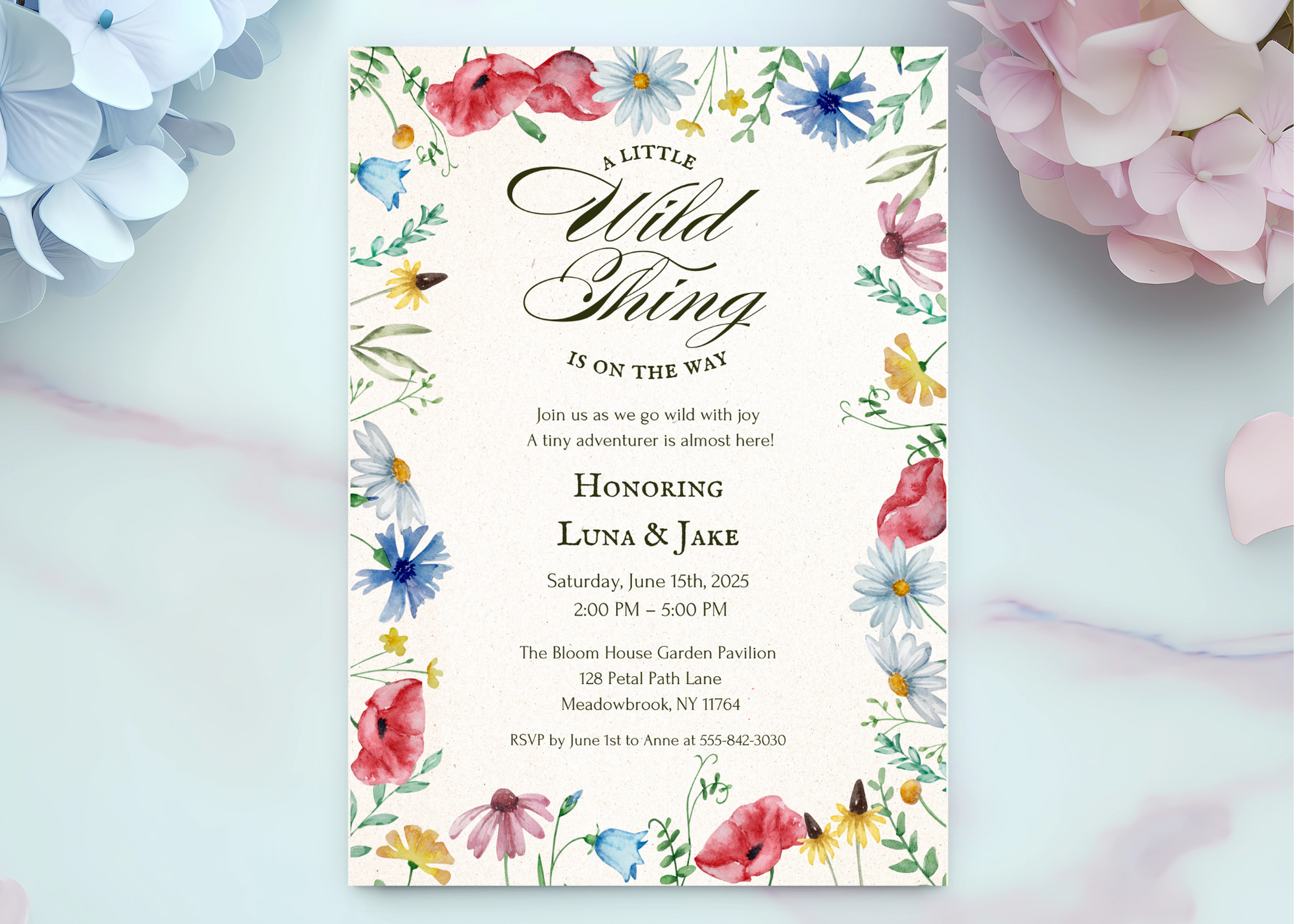 A Little Wildflower Is on the Way – Editable Baby Shower Invitation | Canva Template | Printable Floral Invite for Girl Baby Shower