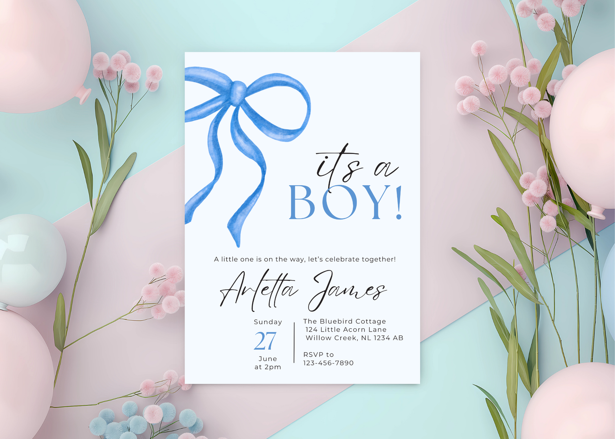 It's a Boy Baby Shower Invitation, Customizable Digital Template, Editable PDF, Instant Download, Blue Theme, Personalized Shower Invite