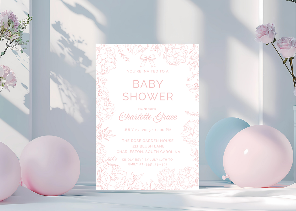 Vintage Pink Toile Baby Shower Invitation | French Pink Blush 5x7 Canva Template | Girl Baby Invite | Editable Printable Digital Download
