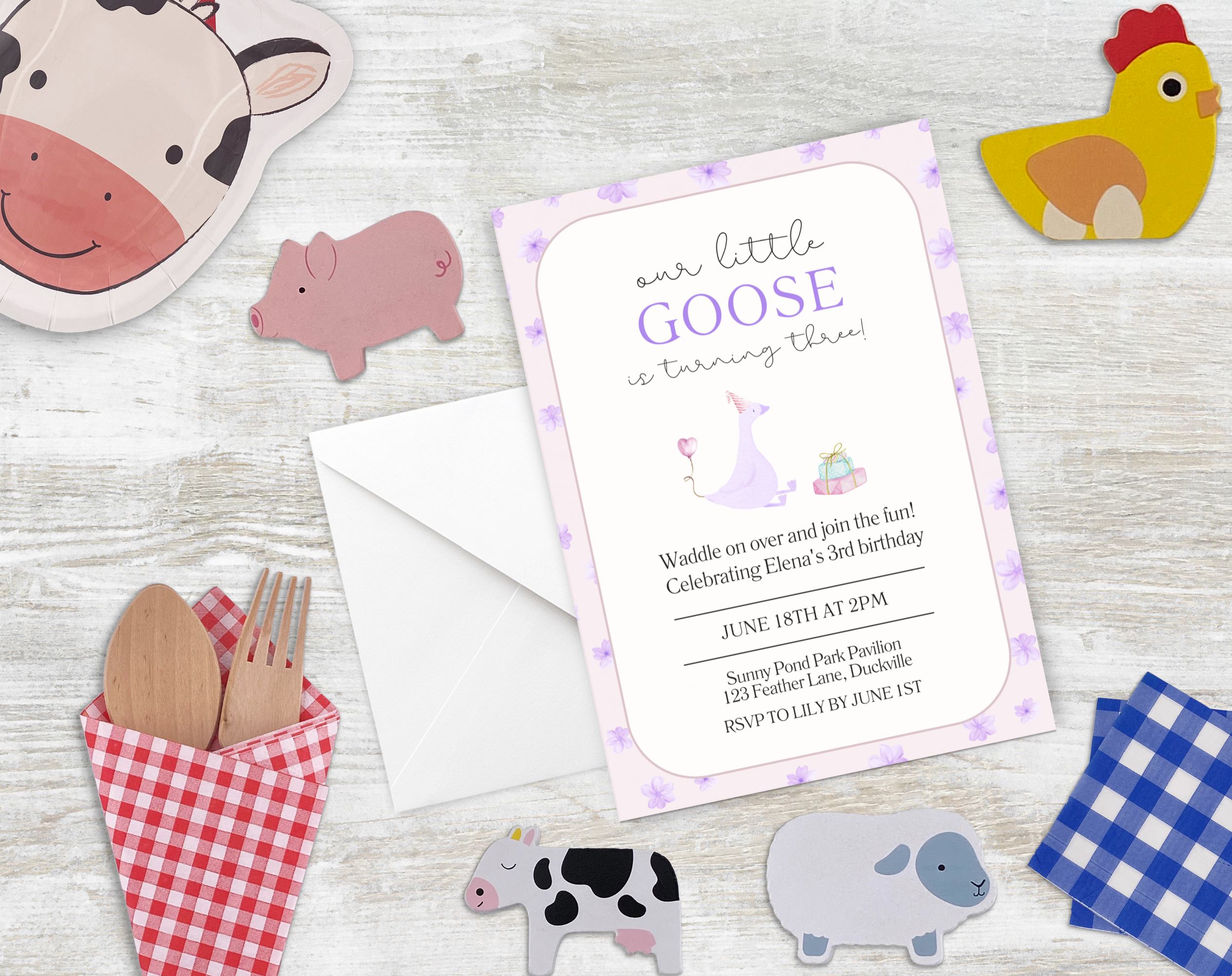 Our Little Goose is Turning 3 Invitation | Editable Purple Pastel Birthday Invite | Canva Template | Printable Digital Download | Farm Party