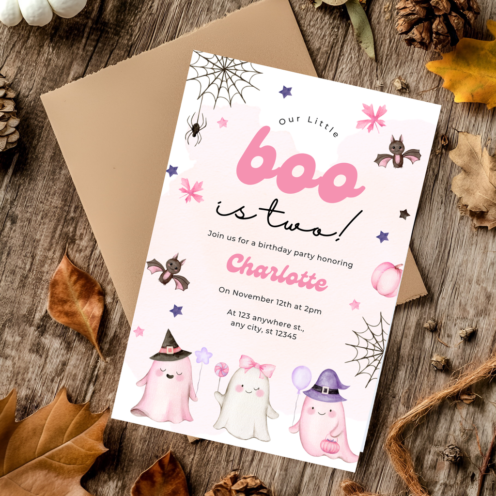 Our Little Boo is Turning Two Halloween Birthday Invitation Cute Ghost 2nd Birthday Party Invite Printable Halloween Toddler Girly pastel