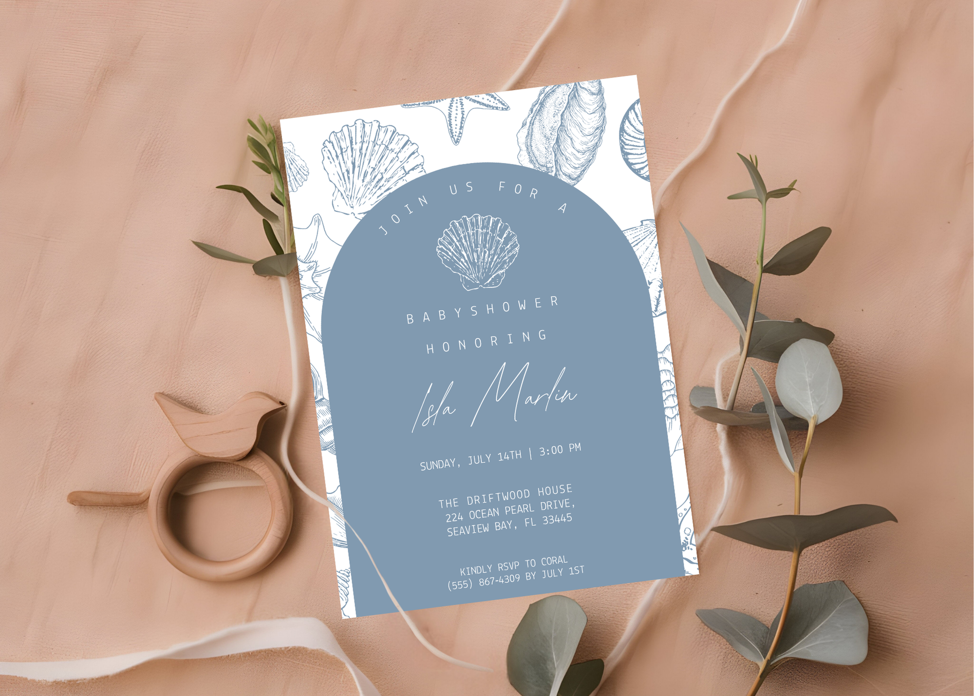 Sea You Soon Baby Shower Invitation | Ocean Shell 5×7 Canva Template | Beach Coastal Baby Invite | Editable Printable Digital Download