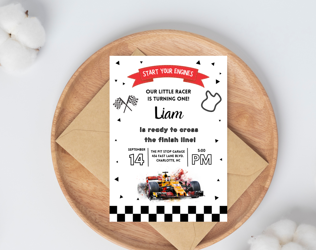 Race Car 1st Birthday Invitation for Boys | Formula One Racing Theme | Editable 5x7 Canva Template | Printable Digital Download Invite