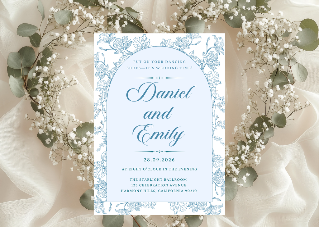 Blue Toile Wedding Invitation | French Chinoiserie Floral Suite | Editable Canva Template | Dusty Blue Printable Elegant Wedding Invite