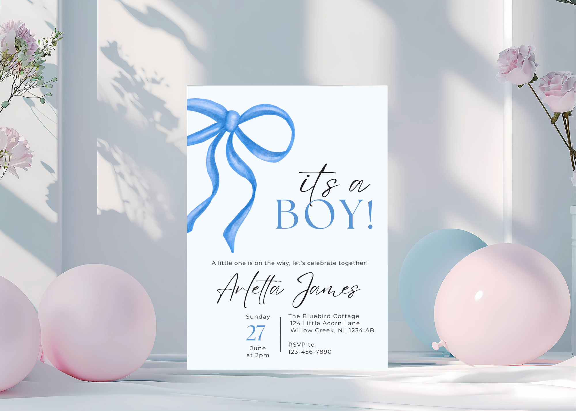 It's a Boy Baby Shower Invitation, Customizable Digital Template, Editable PDF, Instant Download, Blue Theme, Personalized Shower Invite