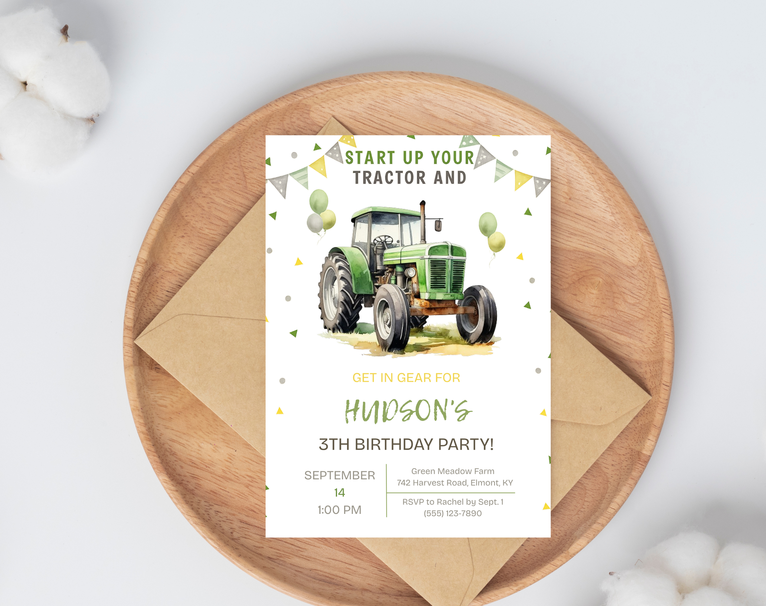 Green Tractor Birthday Invitation | Farm Boy Party Invite | Editable Printable Digital Download | Farm Vehicles Theme Birthday Invite