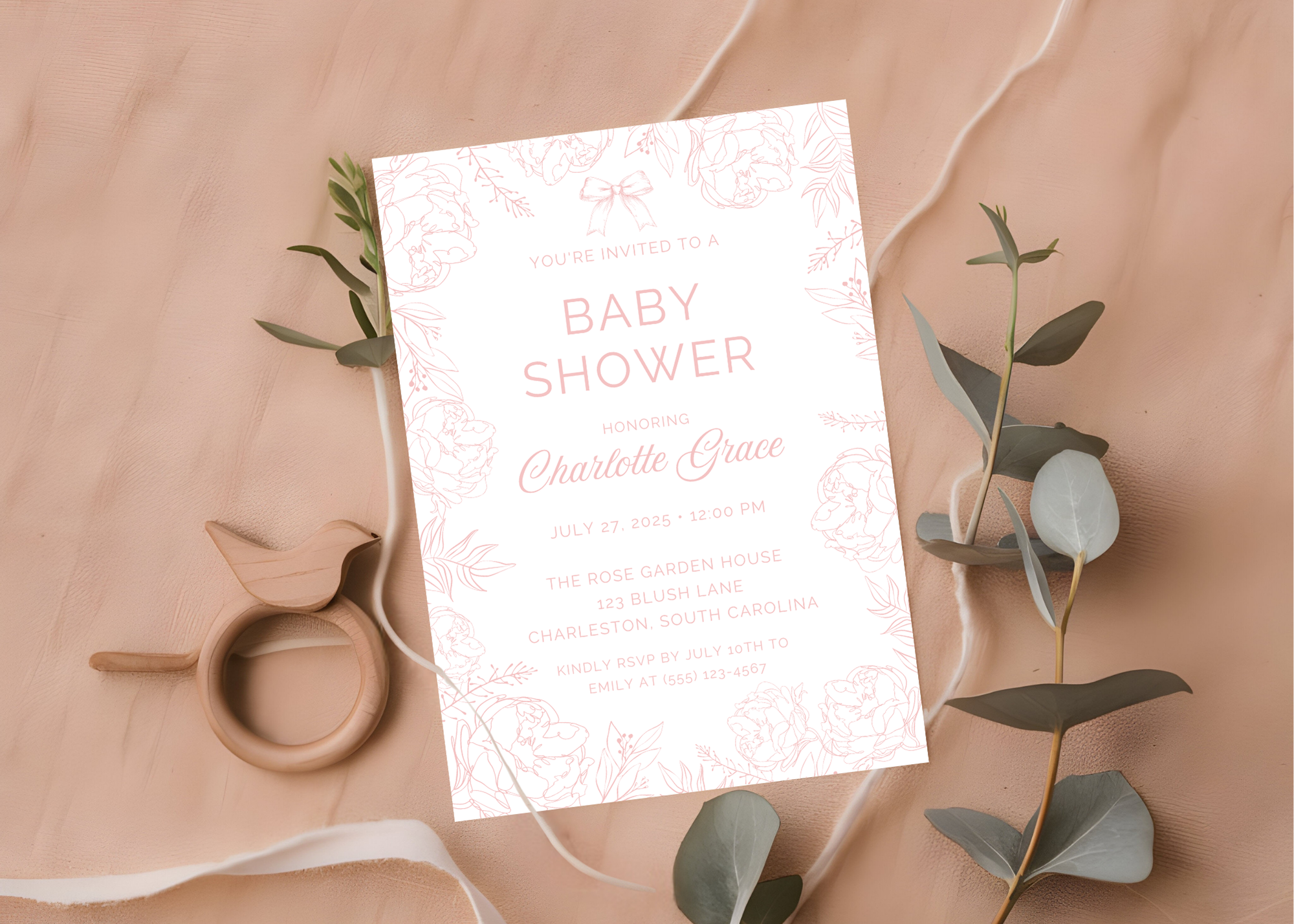 Vintage Pink Toile Baby Shower Invitation | French Pink Blush 5x7 Canva Template | Girl Baby Invite | Editable Printable Digital Download