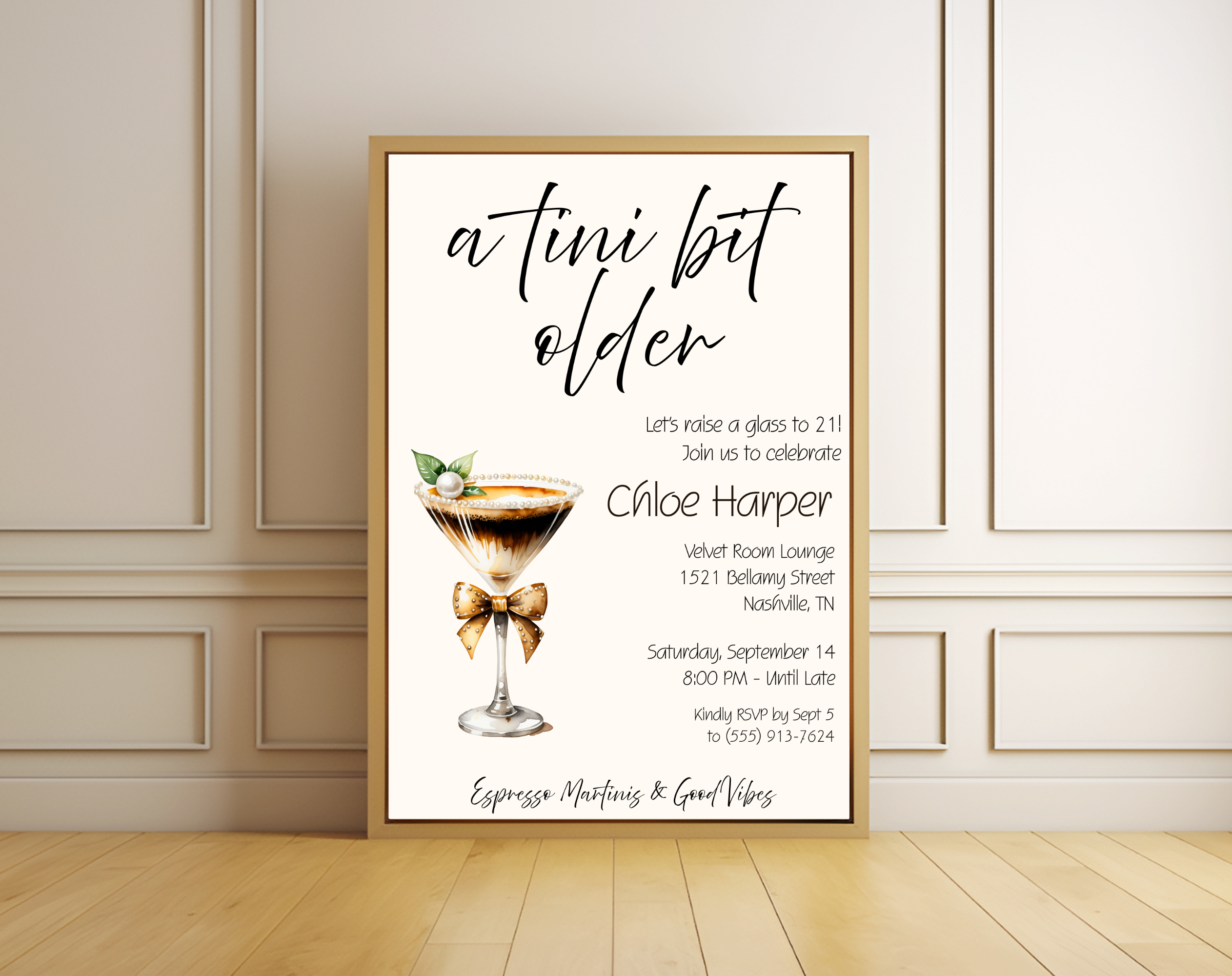 A Tini Bit Older 21st Birthday Invite | Espresso Martini Cocktail Party | Women’s Birthday Invite Drink Bow EDITABLE template in Canva