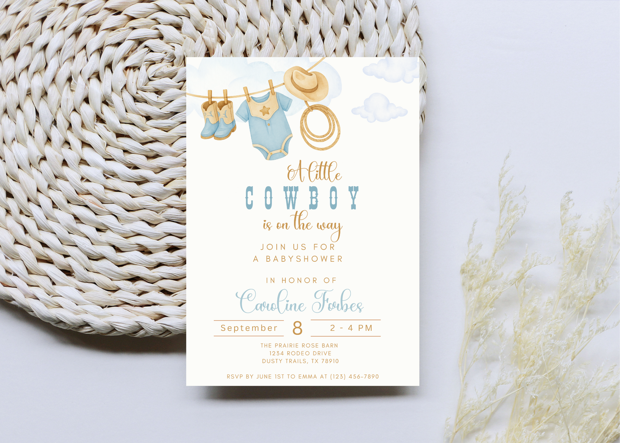 A Little Cowboy is on the Way Invitation | Editable Western Baby Shower Template | Rustic Rodeo Theme | Printable Digital Download