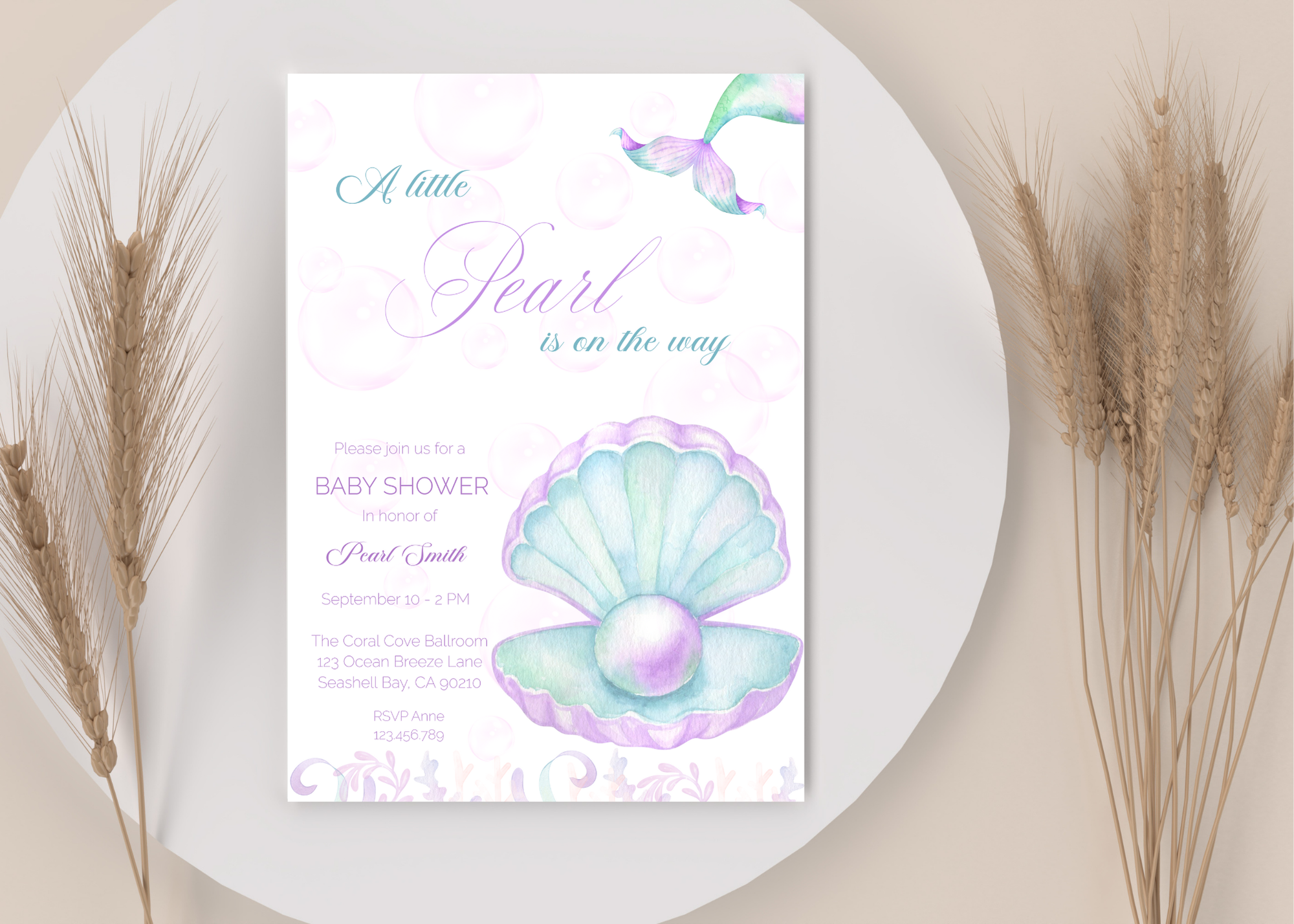 A Little Pearl Baby Shower Invite | Editable Pink Mermaid Baby Shower Invitation Canva Template | Purple Ocean Summer Baby Shower Invitation