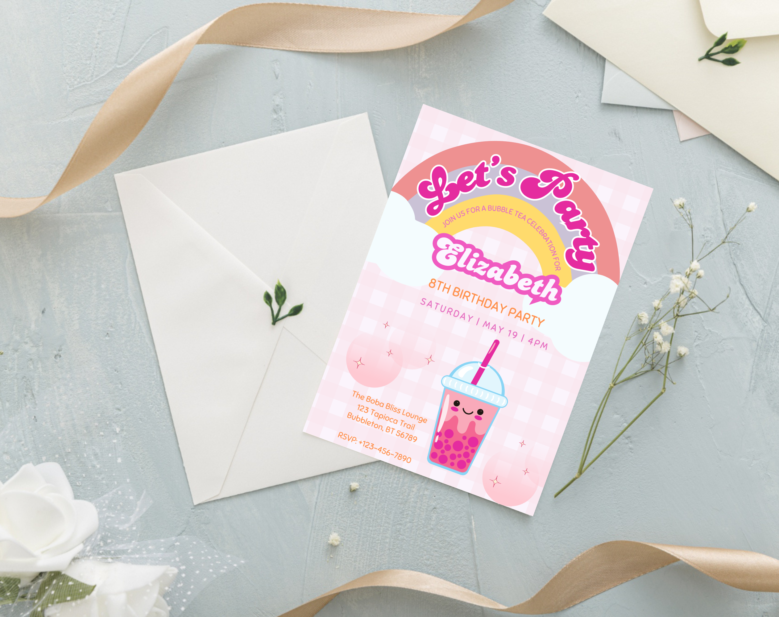 Bubble Tea Birthday Invitation | Let's Par-Tea Boba Invite | Editable Canva Template | Kawaii Girl Party | Instant Download