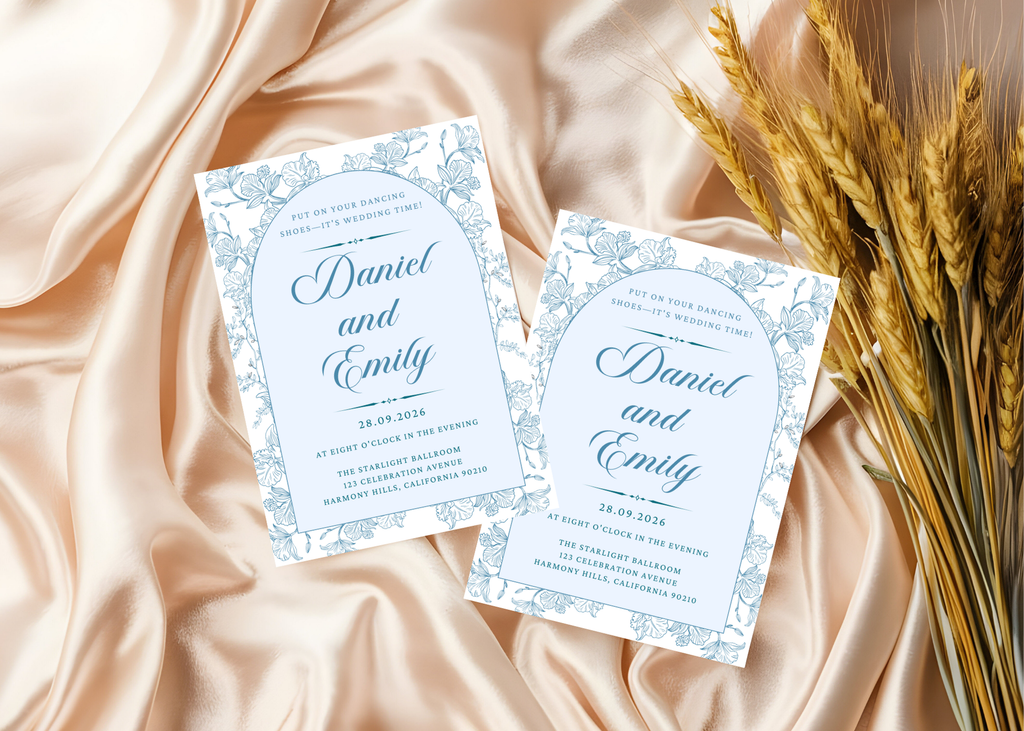 Blue Toile Wedding Invitation | French Chinoiserie Floral Suite | Editable Canva Template | Dusty Blue Printable Elegant Wedding Invite