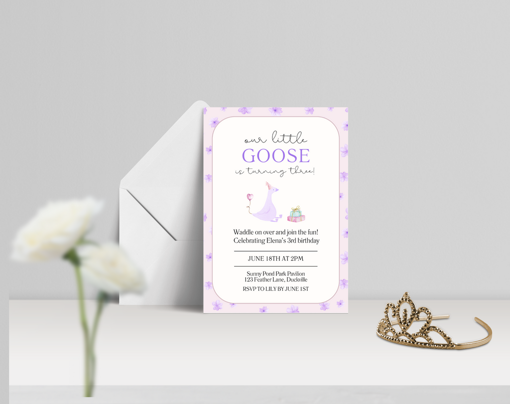 Our Little Goose is Turning 3 Invitation | Editable Purple Pastel Birthday Invite | Canva Template | Printable Digital Download | Farm Party