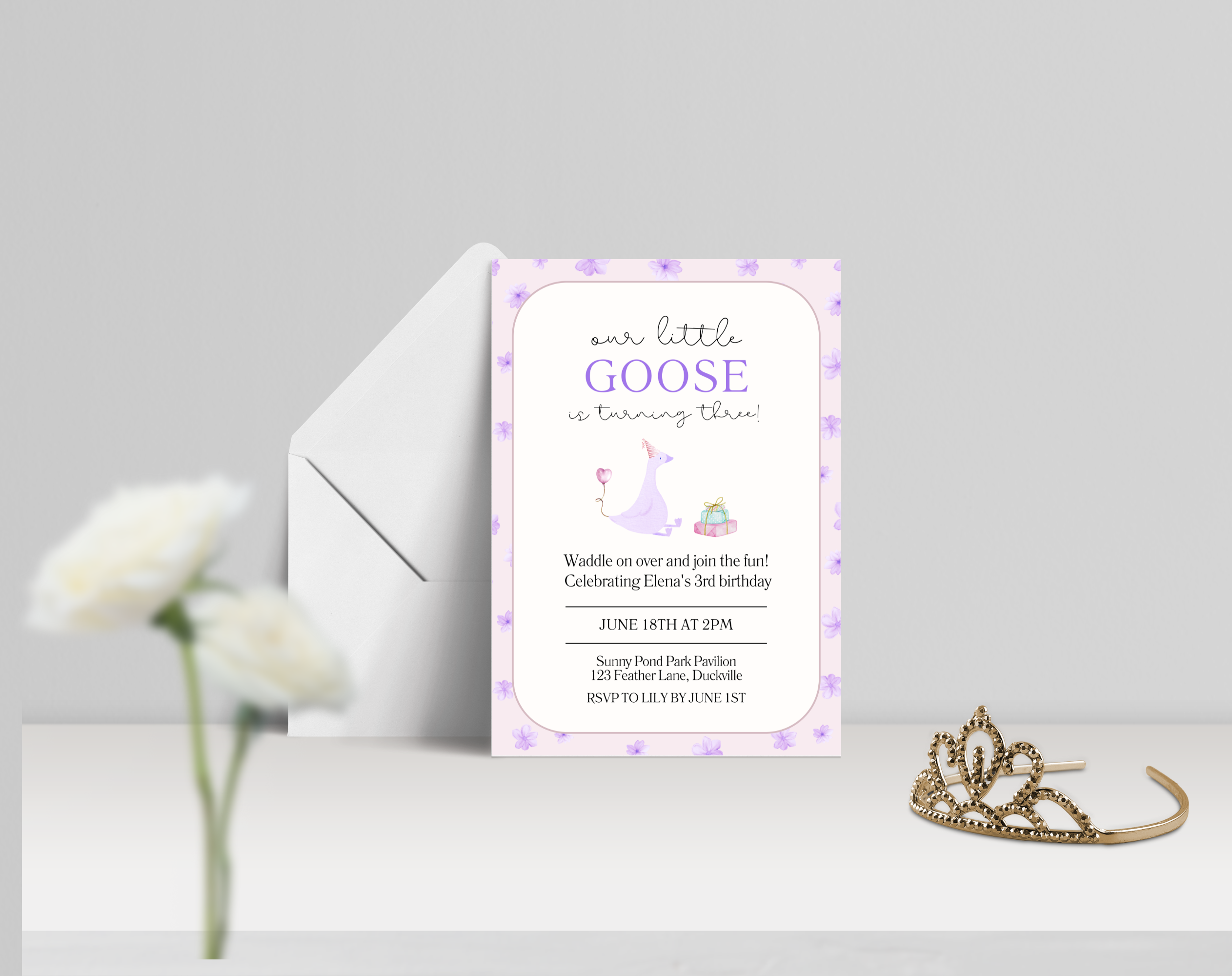 Our Little Goose is Turning 3 Invitation | Editable Purple Pastel Birthday Invite | Canva Template | Printable Digital Download | Farm Party