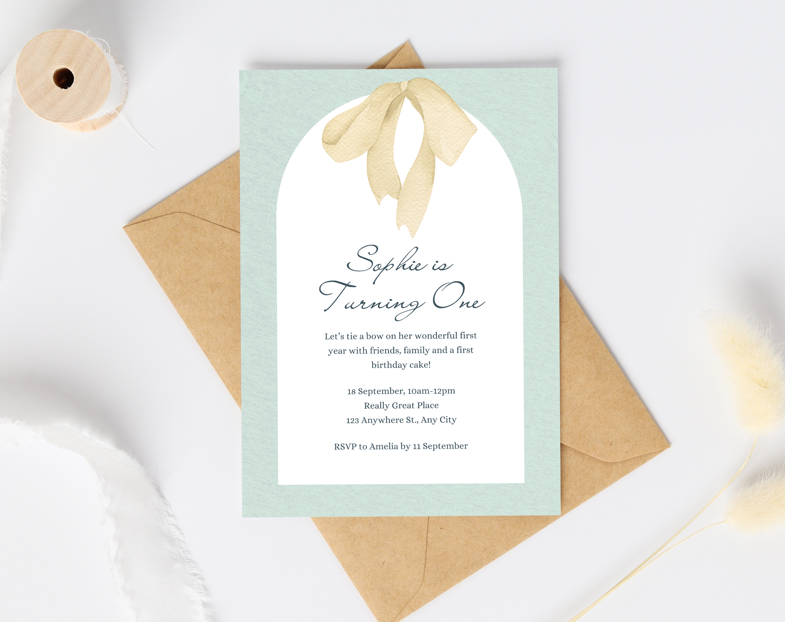 First Birthday Invitation Girl | Light Green Yellow Bow Theme | Editable Canva Template | Printable 1st Birthday Party Invite for Her