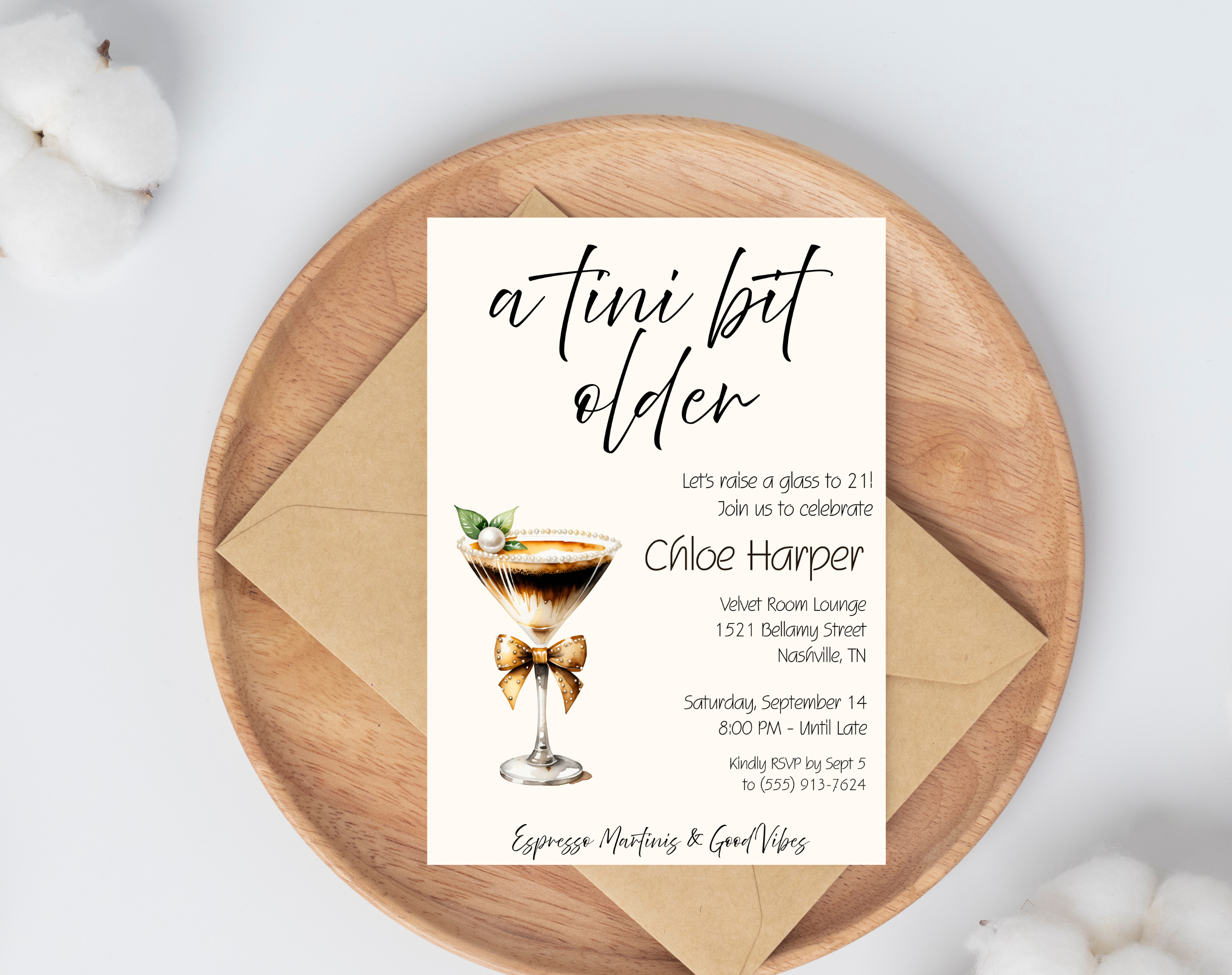 A Tini Bit Older 21st Birthday Invite | Espresso Martini Cocktail Party | Women’s Birthday Invite Drink Bow EDITABLE template in Canva