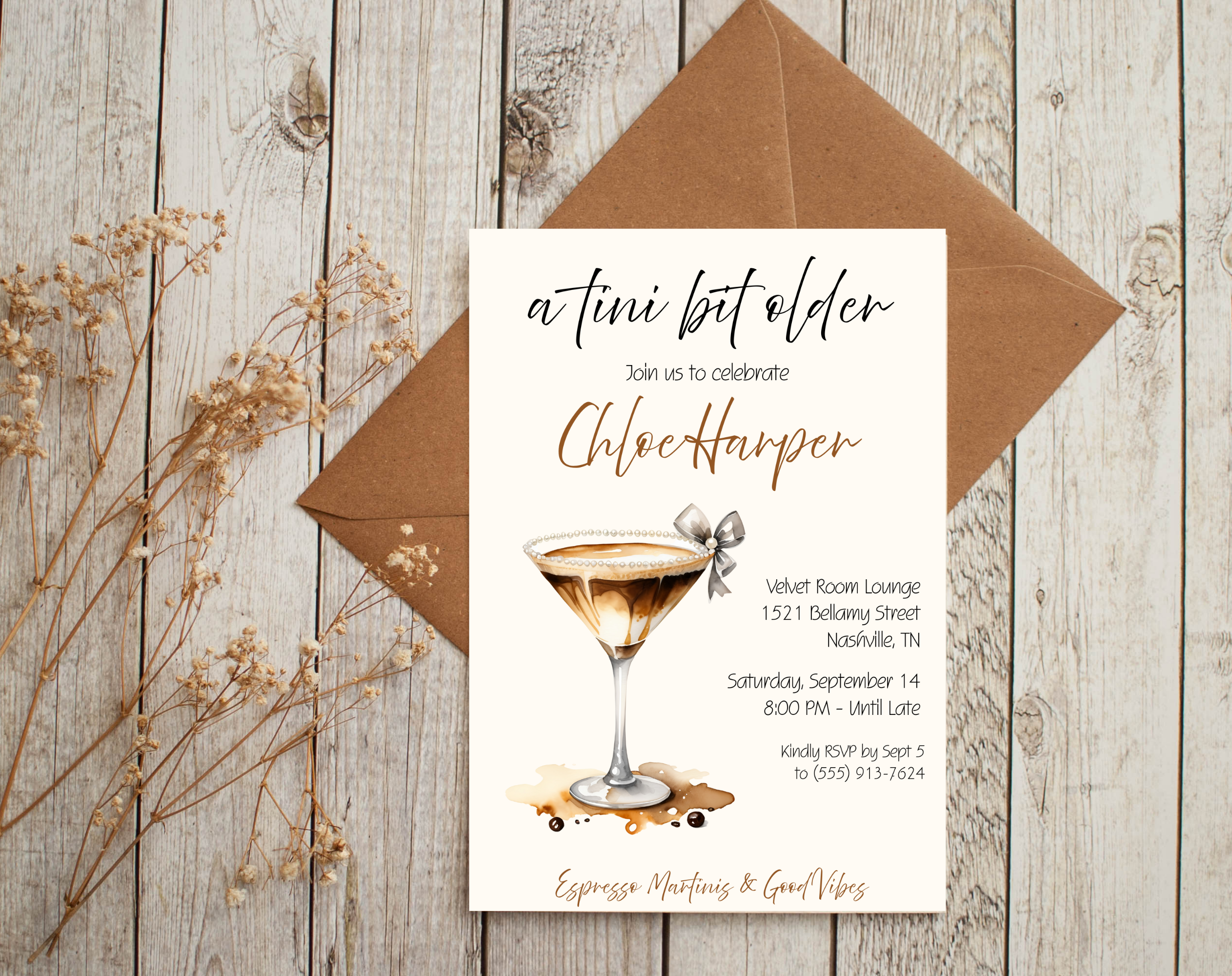 A Tini Bit Older Birthday Invitation | Espresso Martini Cocktail Party | Women’s Birthday Invite Drink Bow EDITABLE template in Canva