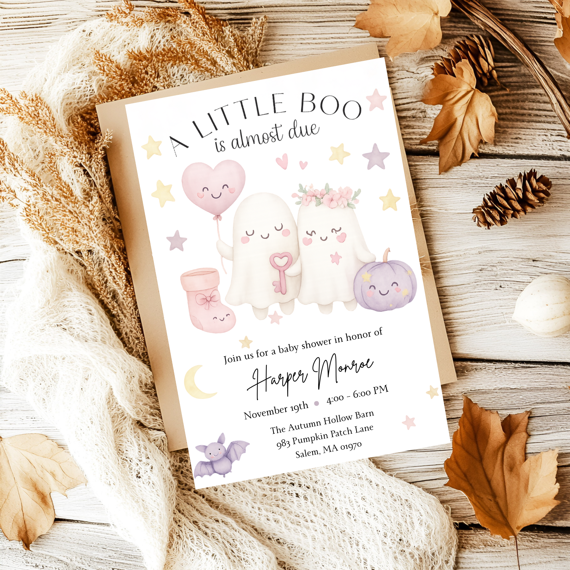 A Little Boo Baby Shower Invitation, Pink Halloween Baby Shower Invitation, Ghost Halloween Girl Baby Shower Invite, Editable Template Pink