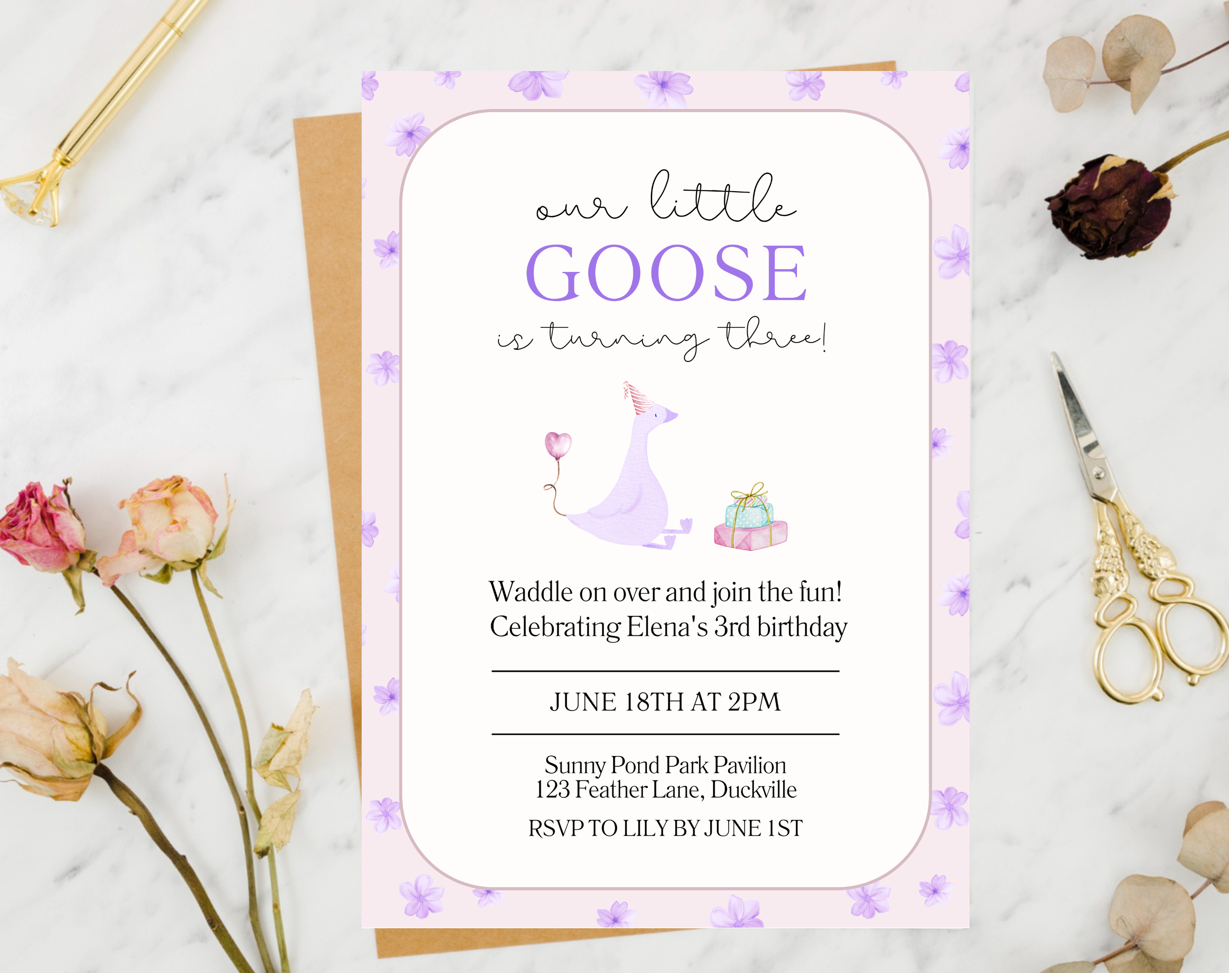 Our Little Goose is Turning 3 Invitation | Editable Purple Pastel Birthday Invite | Canva Template | Printable Digital Download | Farm Party