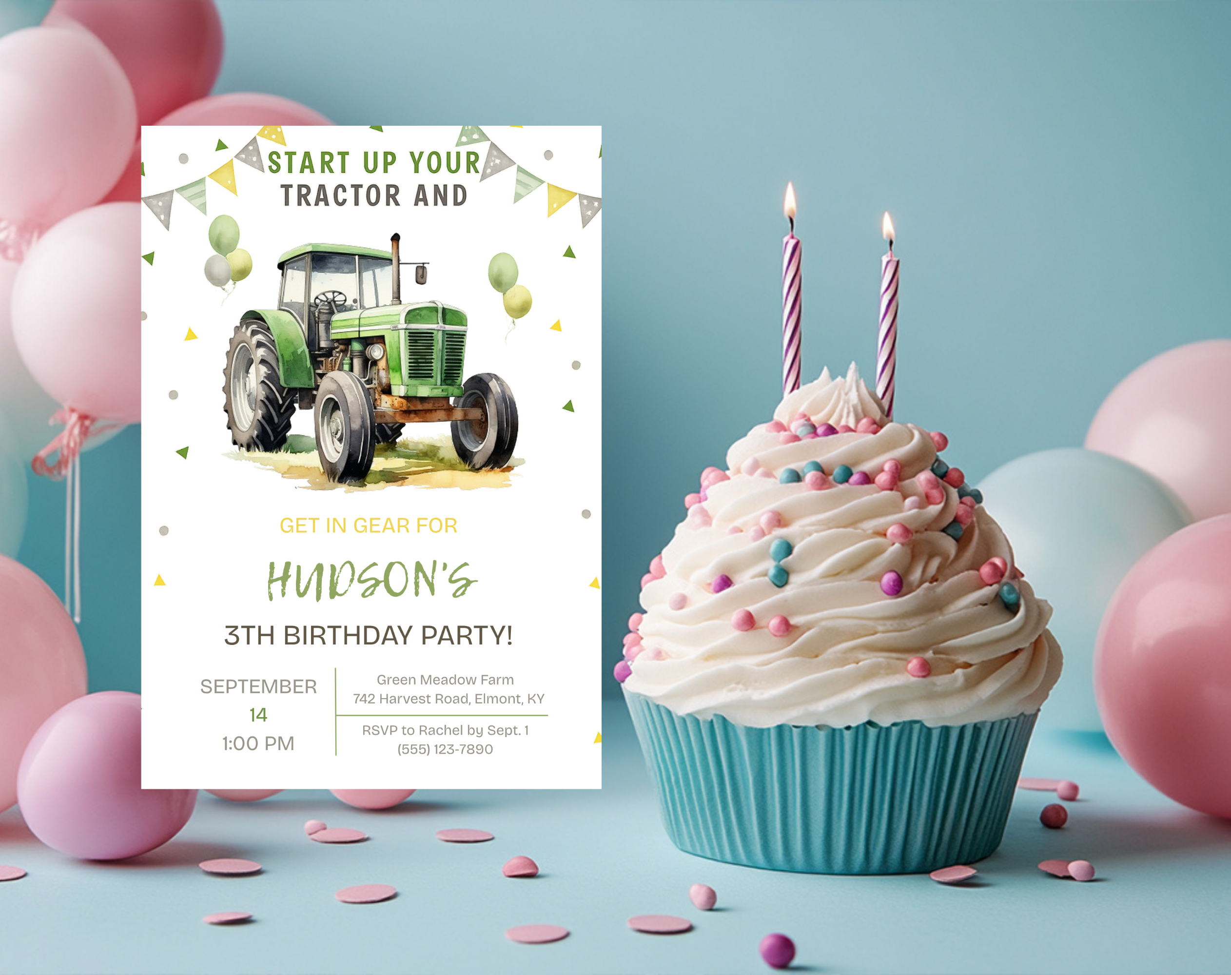 Green Tractor Birthday Invitation | Farm Boy Party Invite | Editable Printable Digital Download | Farm Vehicles Theme Birthday Invite