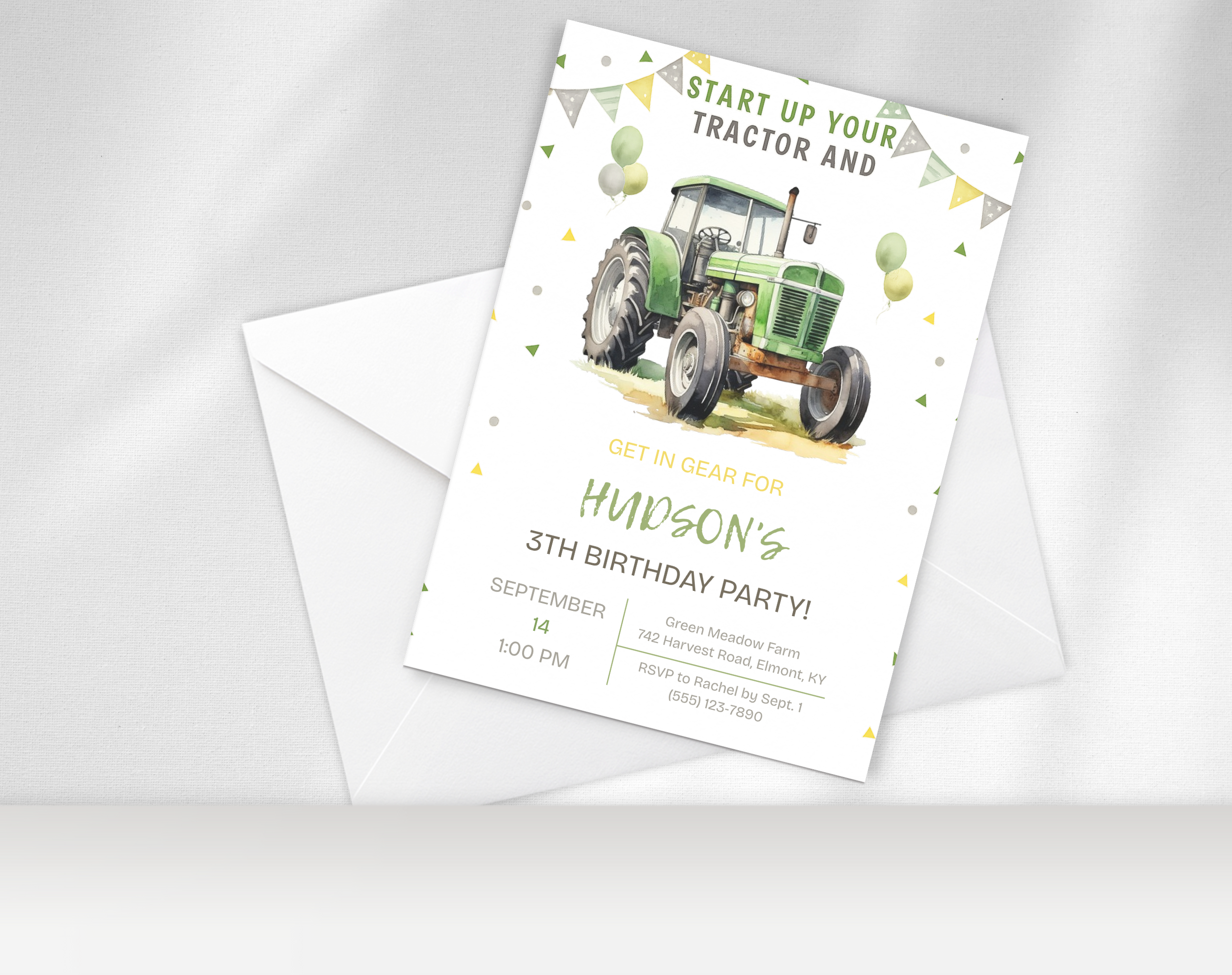 Green Tractor Birthday Invitation | Farm Boy Party Invite | Editable Printable Digital Download | Farm Vehicles Theme Birthday Invite