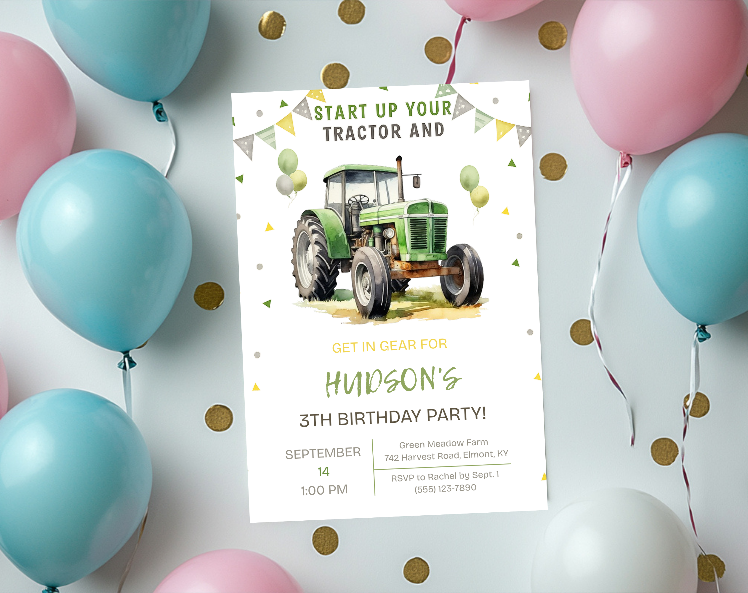 Green Tractor Birthday Invitation | Farm Boy Party Invite | Editable Printable Digital Download | Farm Vehicles Theme Birthday Invite