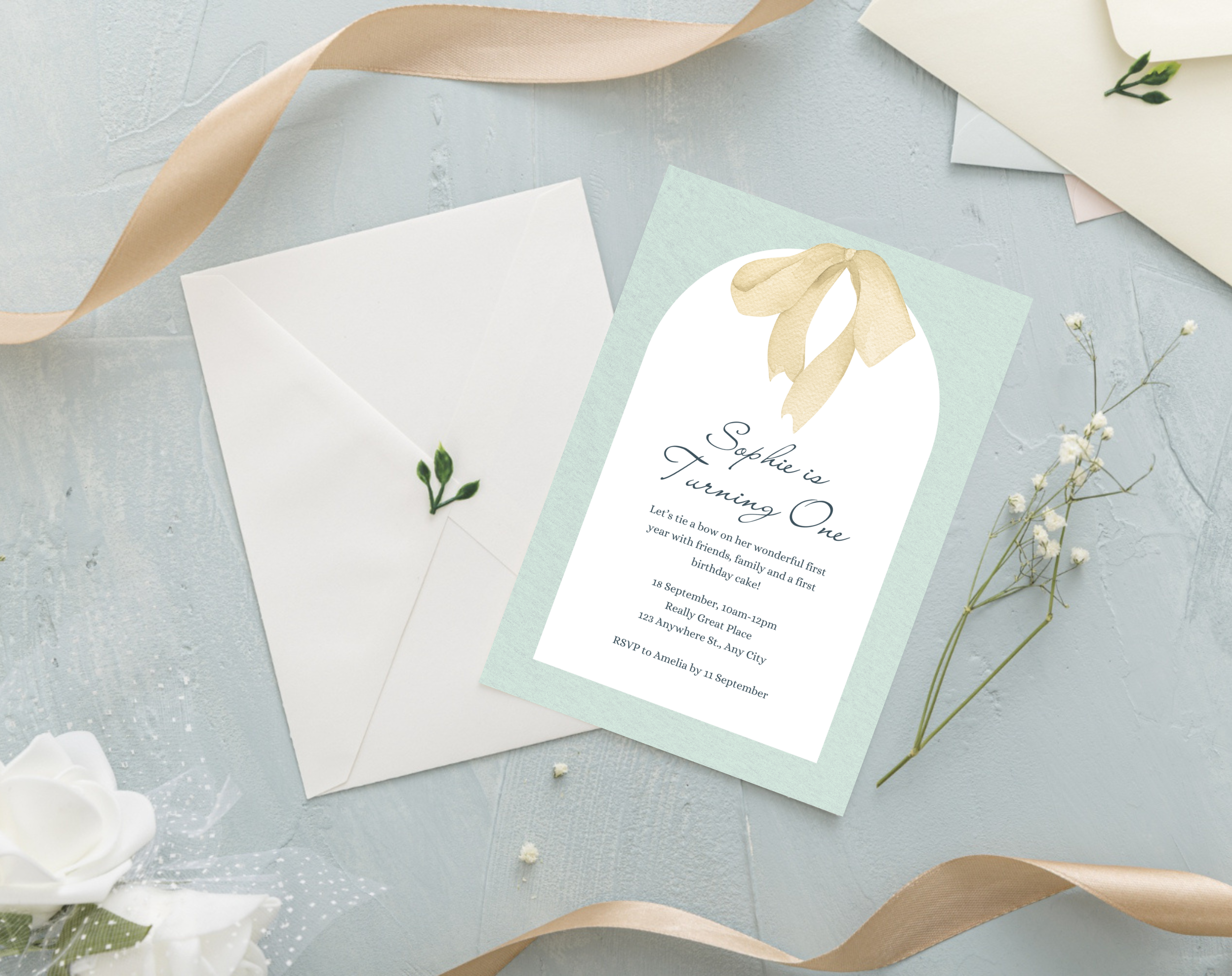 First Birthday Invitation Girl | Light Green Yellow Bow Theme | Editable Canva Template | Printable 1st Birthday Party Invite for Her
