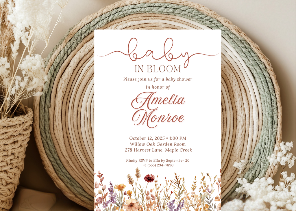Baby in Bloom Baby Shower Invitation | Girly Boho Floral Flower Wildflowers Invite | Canva Template | Editable Printable Digital Download