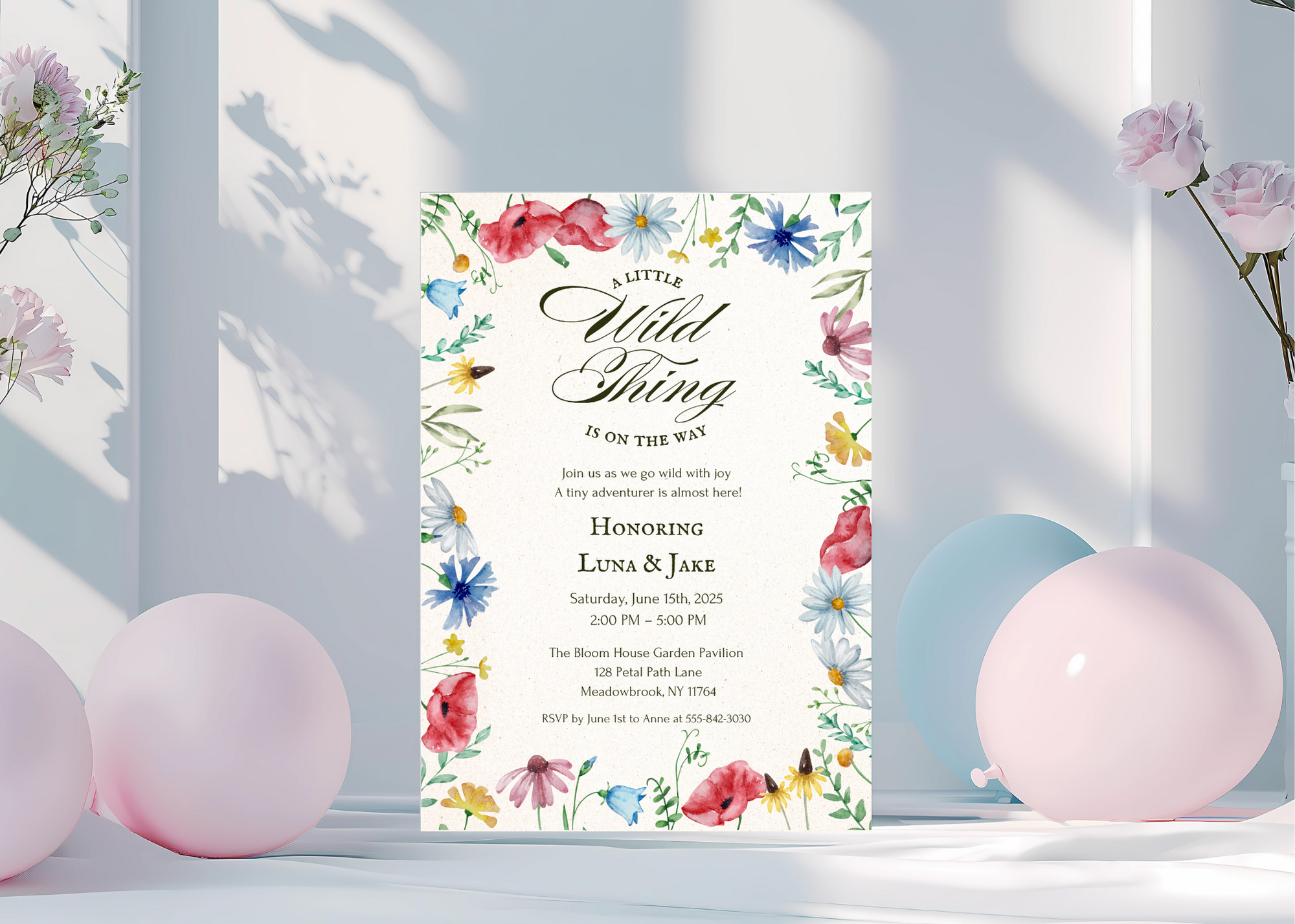 A Little Wildflower Is on the Way – Editable Baby Shower Invitation | Canva Template | Printable Floral Invite for Girl Baby Shower