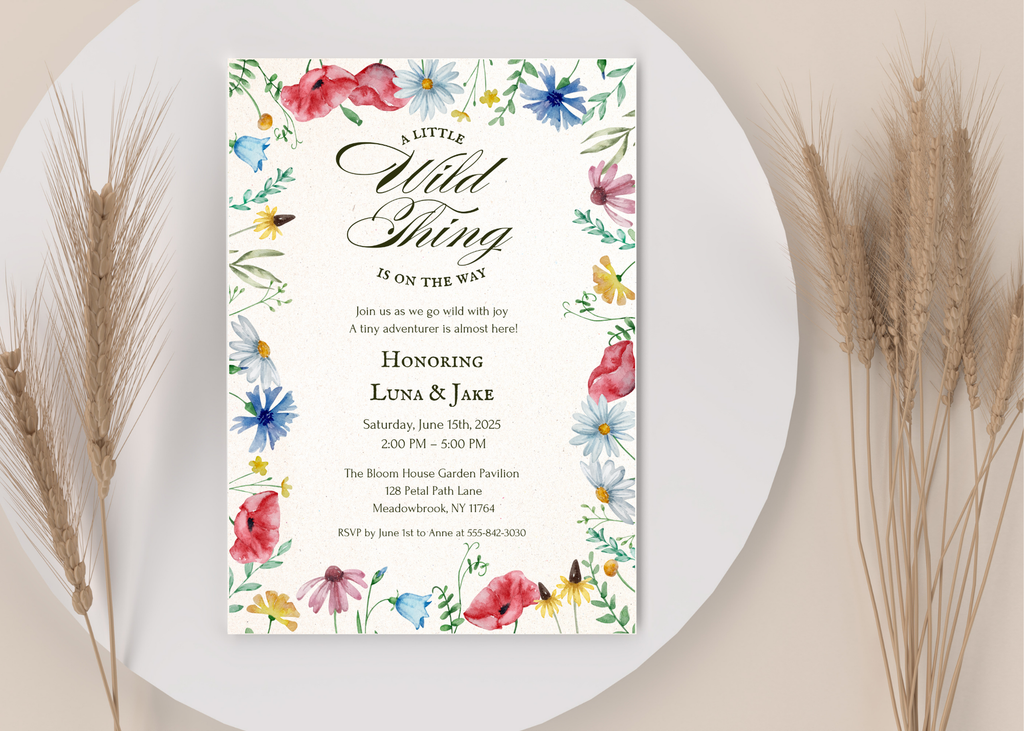 A Little Wildflower Is on the Way – Editable Baby Shower Invitation | Canva Template | Printable Floral Invite for Girl Baby Shower