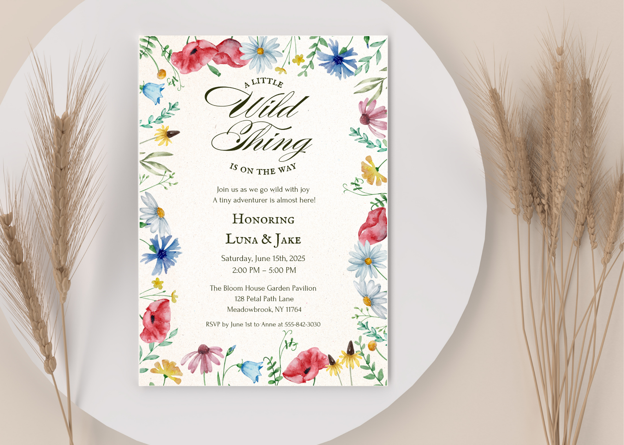A Little Wildflower Is on the Way – Editable Baby Shower Invitation | Canva Template | Printable Floral Invite for Girl Baby Shower